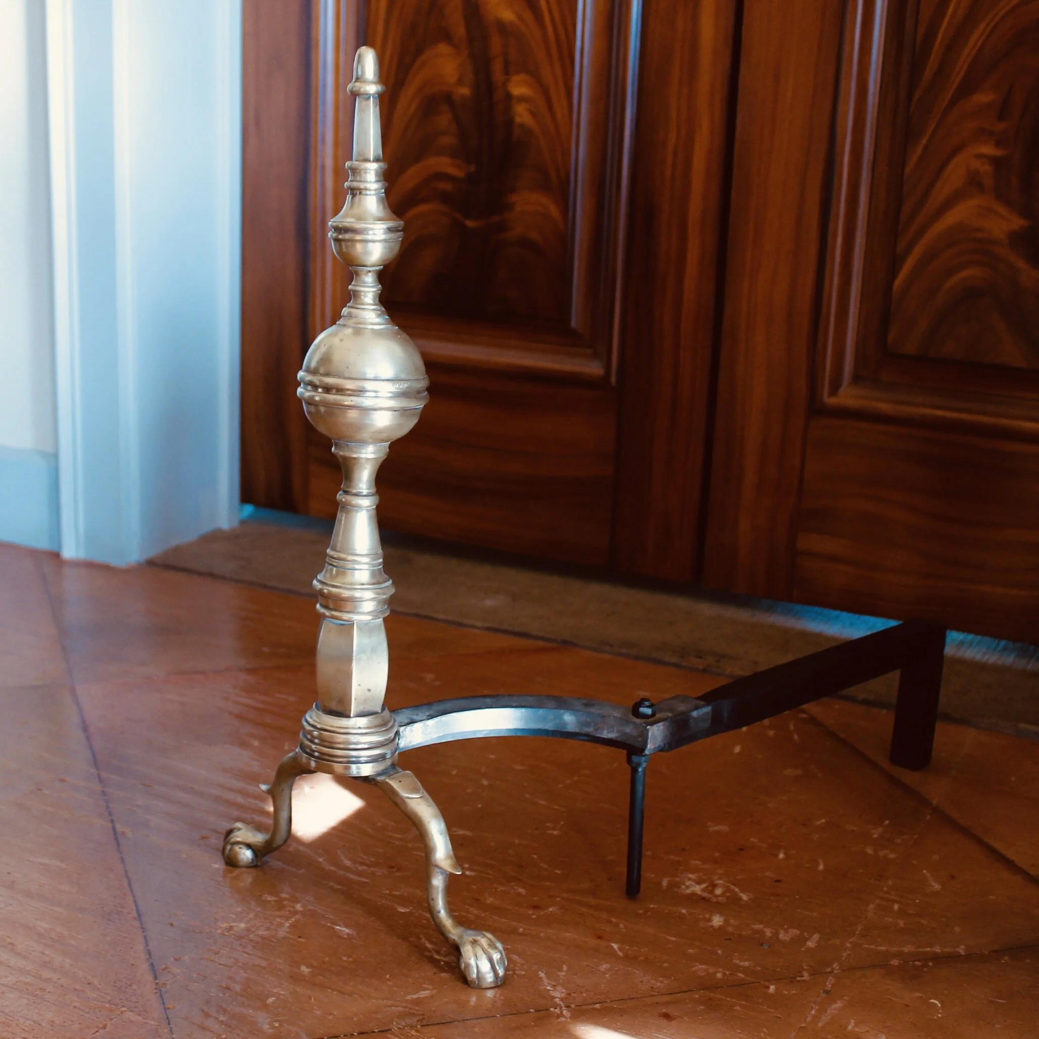 Pair of American Federal Style Brass Steeple Top Andirons