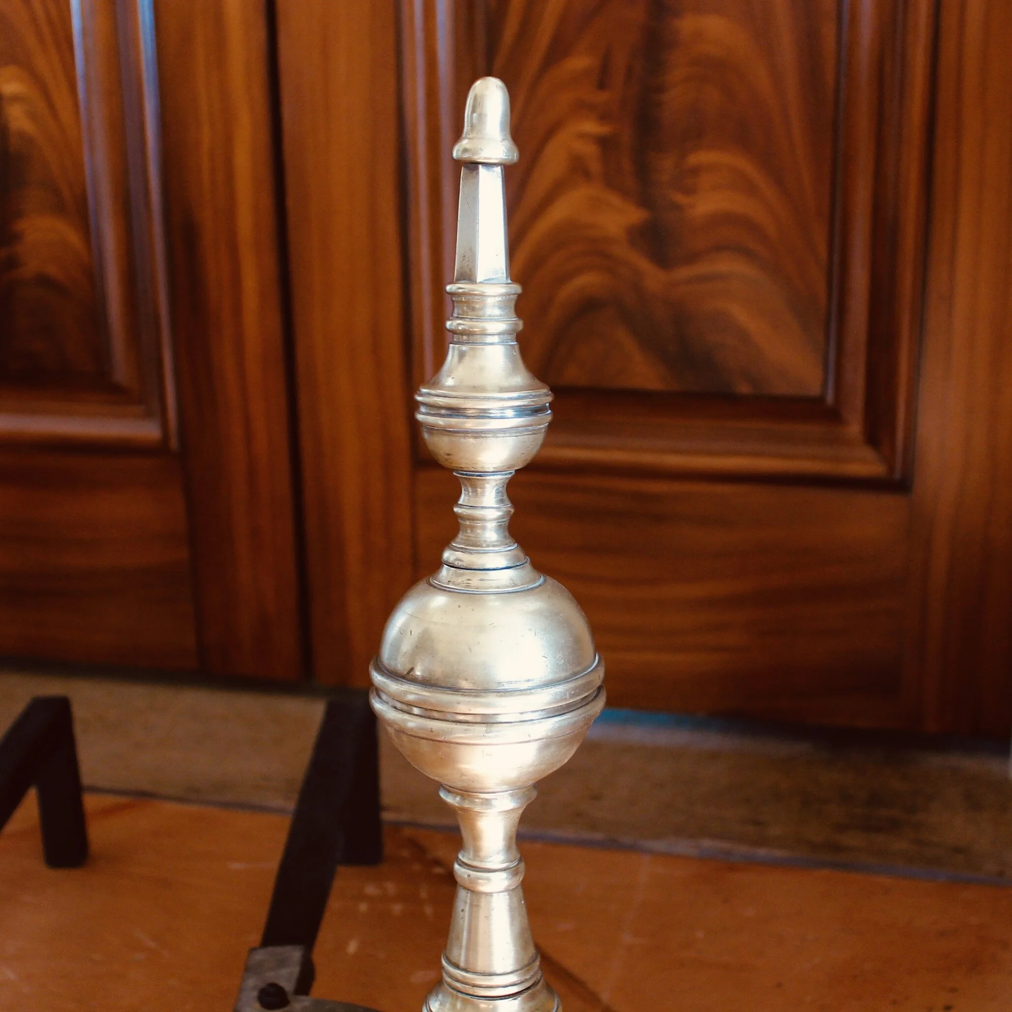 Pair of American Federal Style Brass Steeple Top Andirons