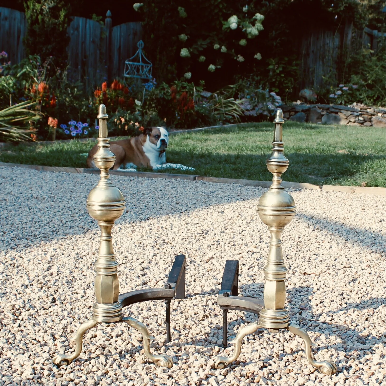 Pair of American Federal Style Brass Steeple Top Andirons