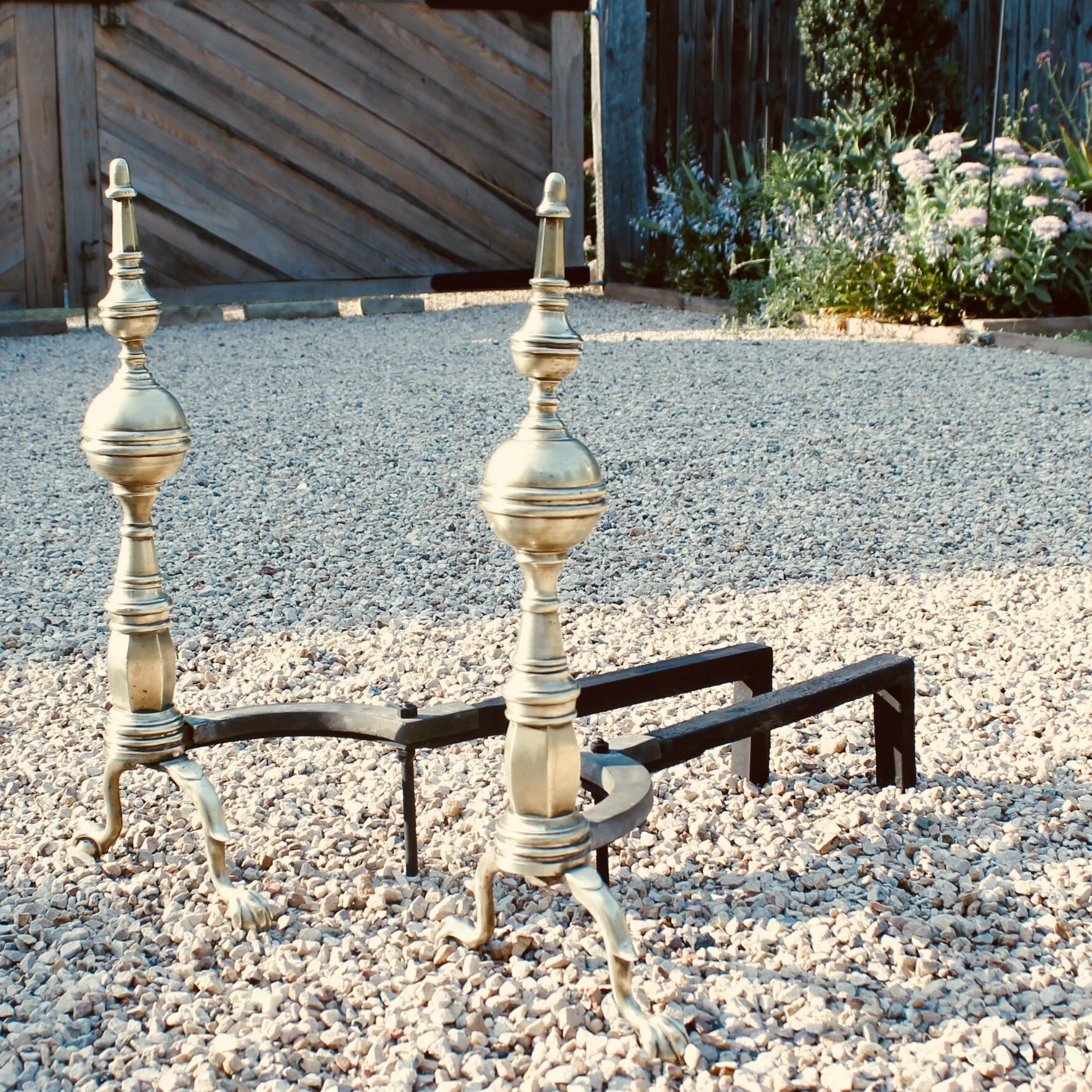Pair of American Federal Style Brass Steeple Top Andirons