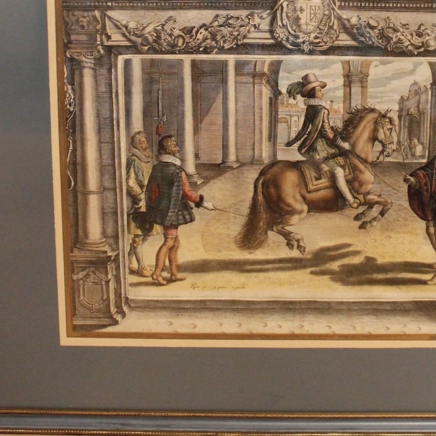 Set of Five Dressage Original Engravings, 17th c., after Antoine de Pluvinel, Hand Colored