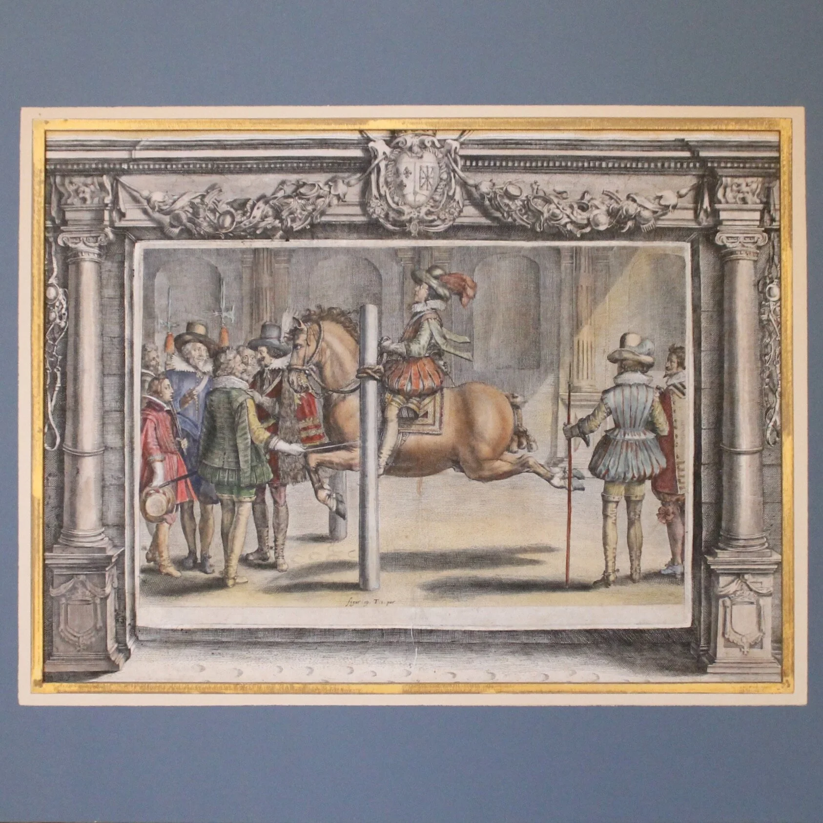 Set of Five Dressage Original Engravings, 17th c., after Antoine de Pluvinel, Hand Colored