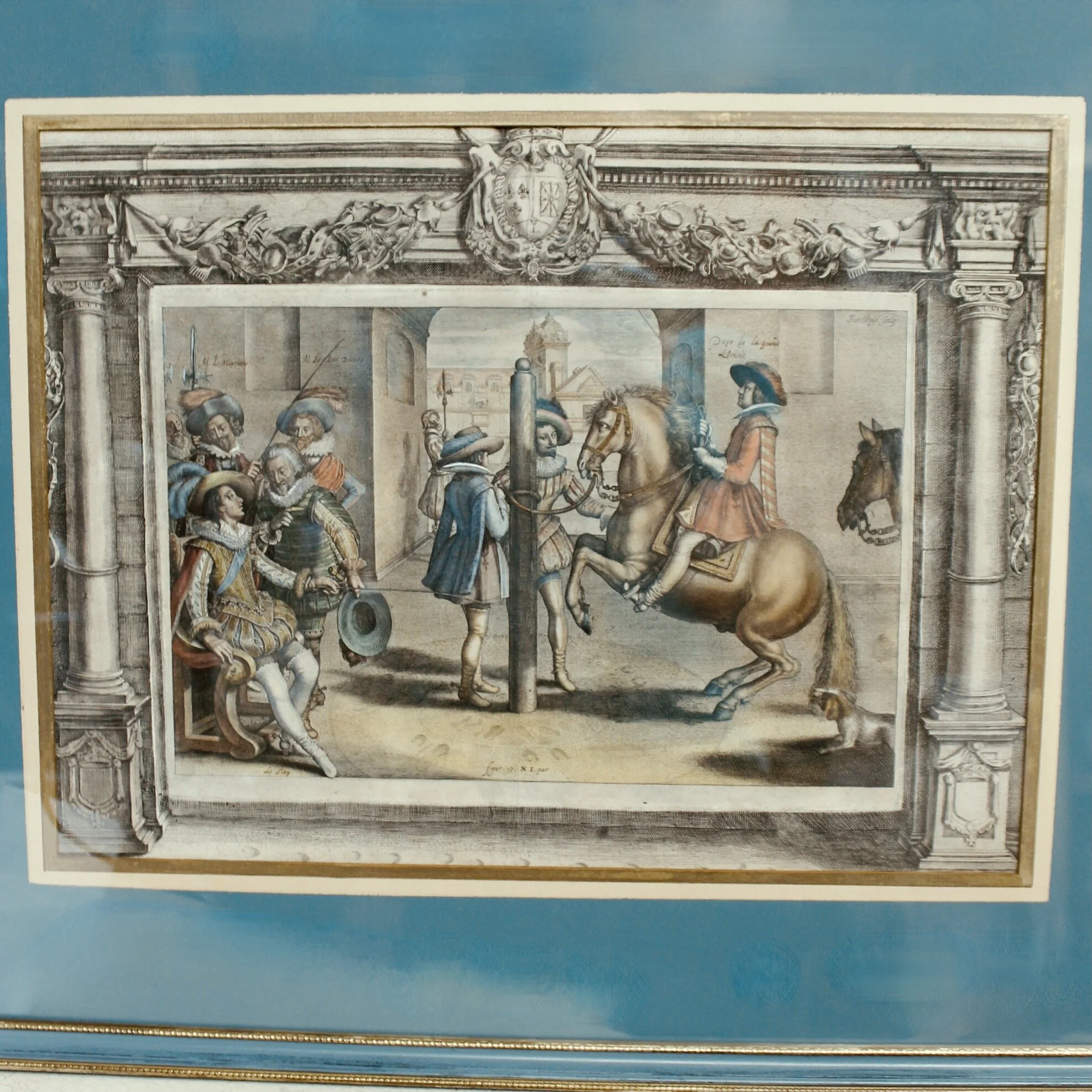 Set of Five Dressage Original Engravings, 17th c., after Antoine de Pluvinel, Hand Colored