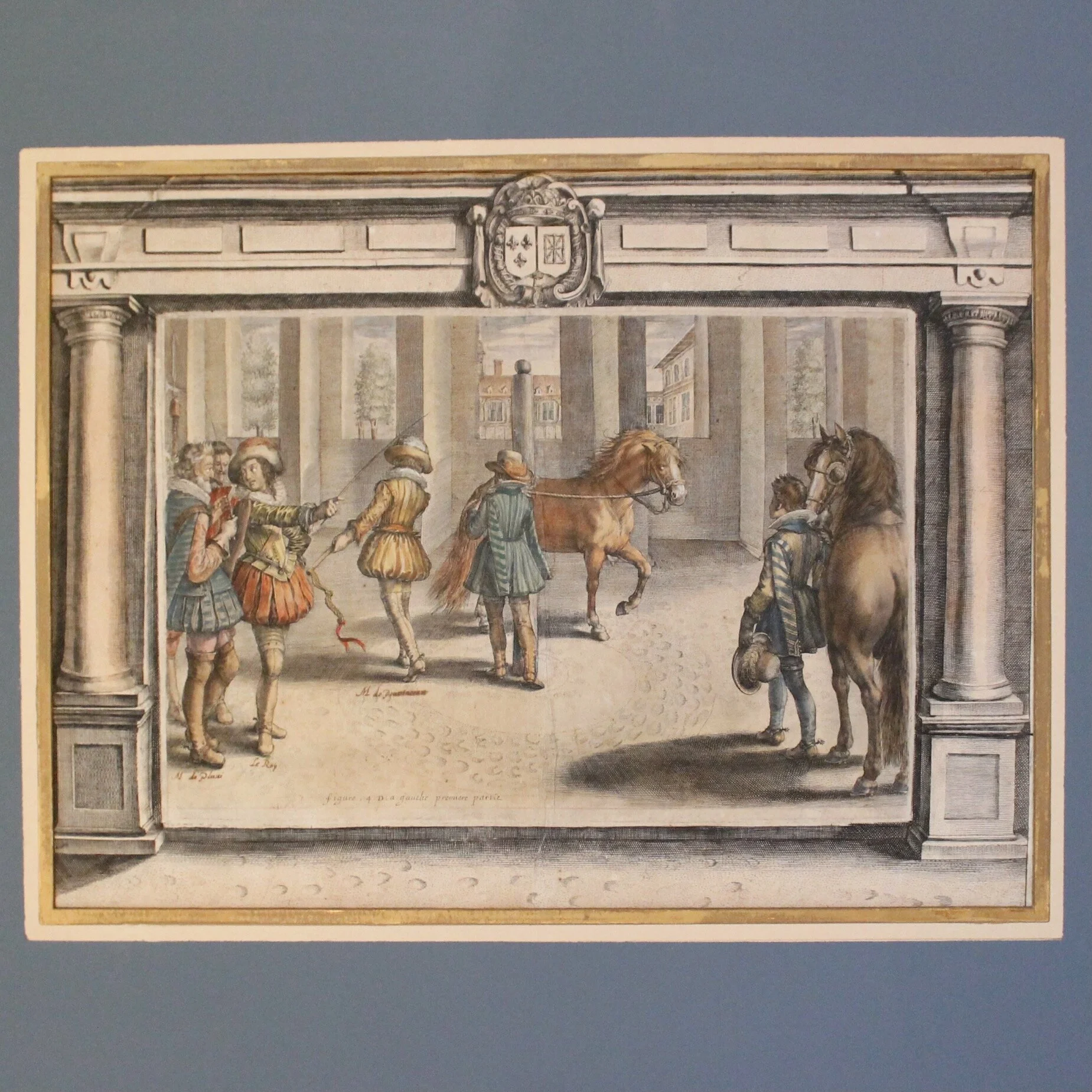 Set of Five Dressage Original Engravings, 17th c., after Antoine de Pluvinel, Hand Colored