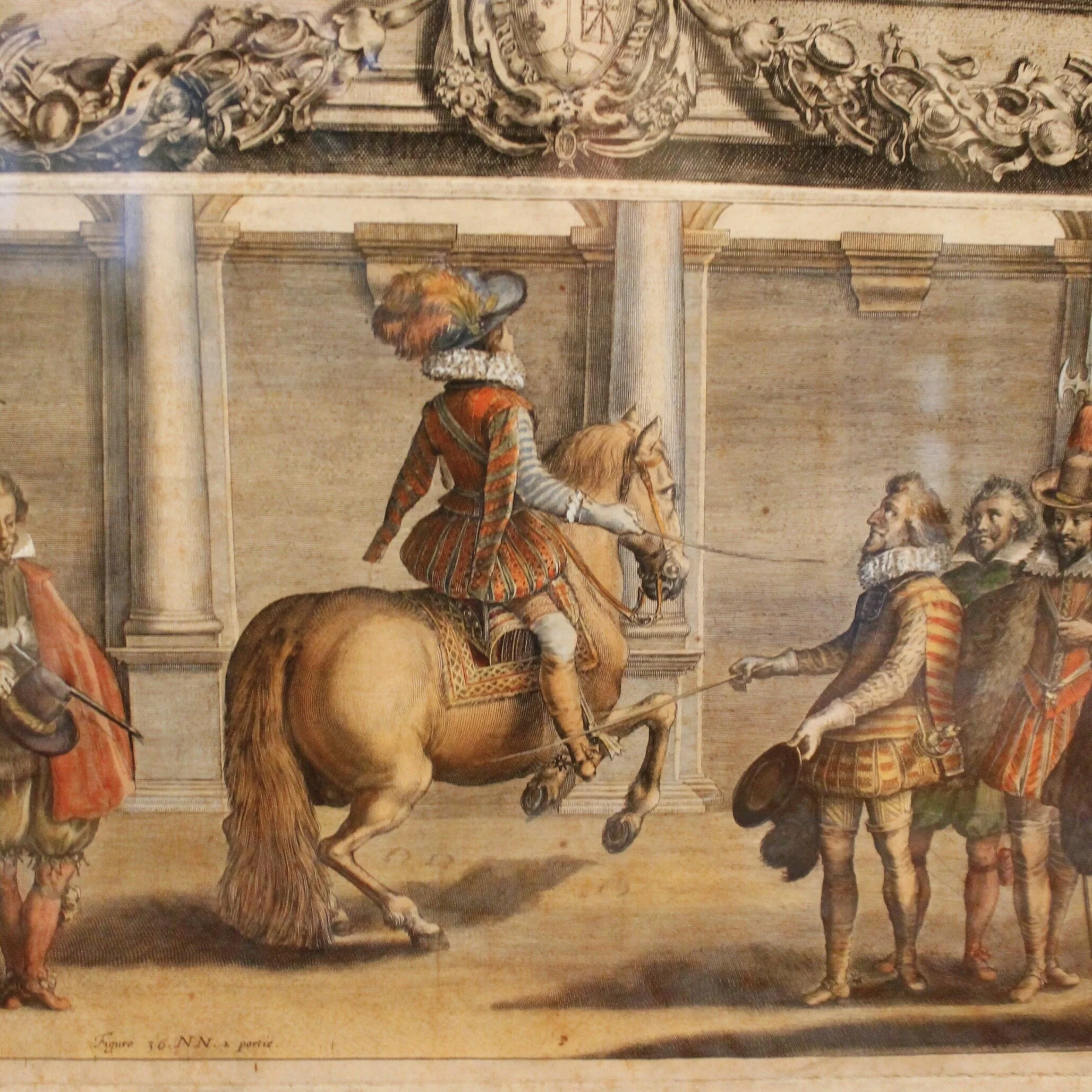 Set of Five Dressage Original Engravings, 17th c., after Antoine de Pluvinel, Hand Colored
