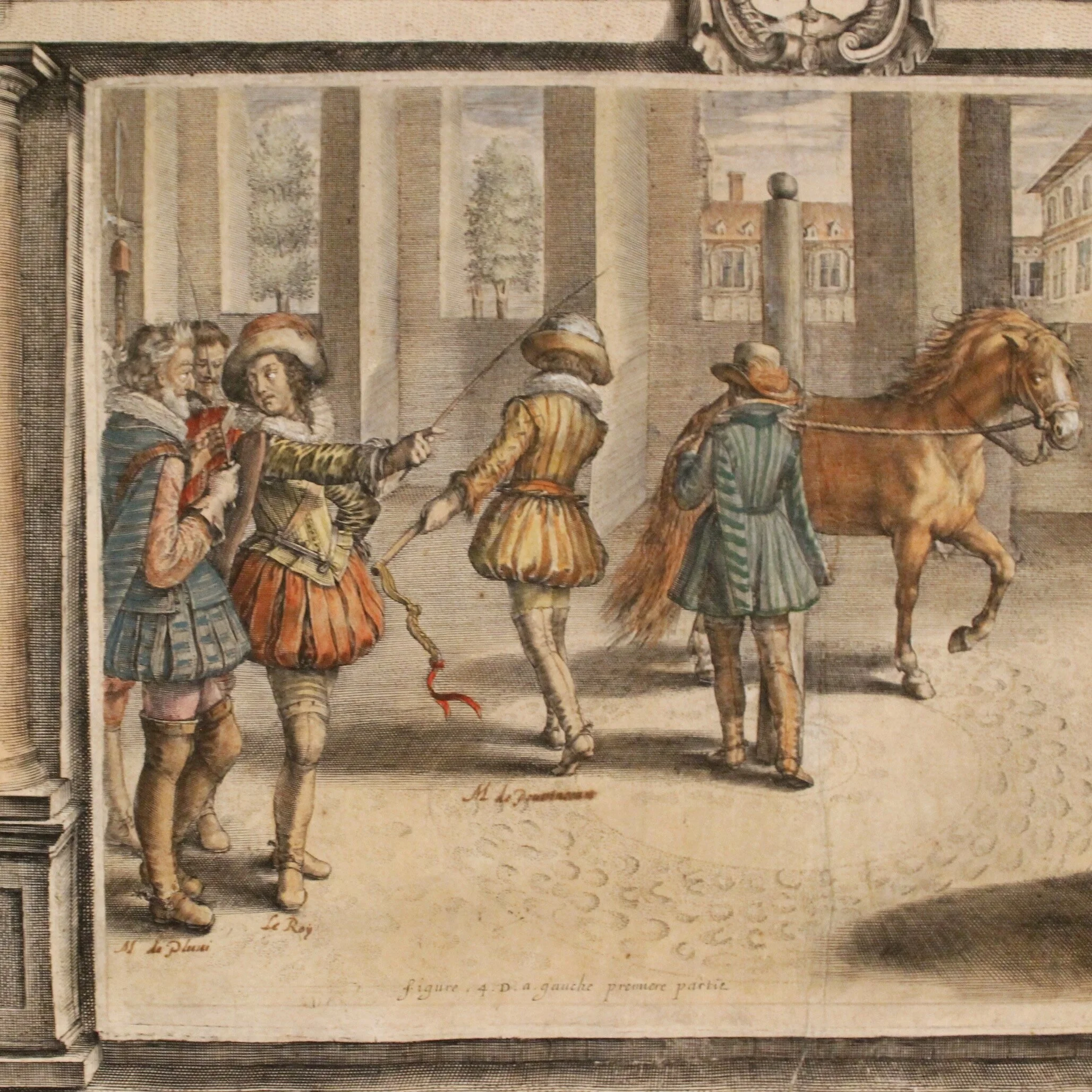 Set of Five Dressage Original Engravings, 17th c., after Antoine de Pluvinel, Hand Colored