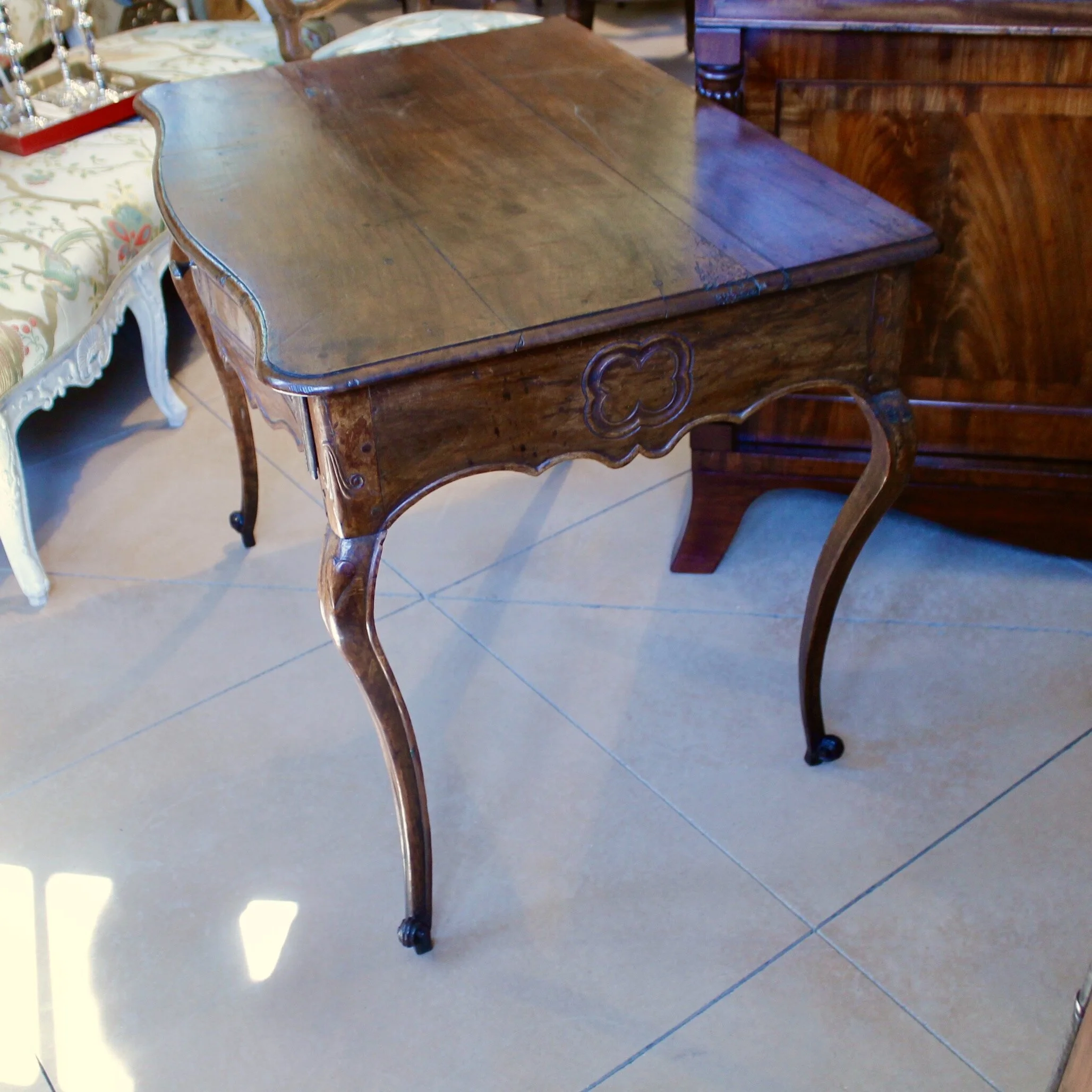 French Provincial Louis XV Period Carved Walnut Writing Table or Side Table