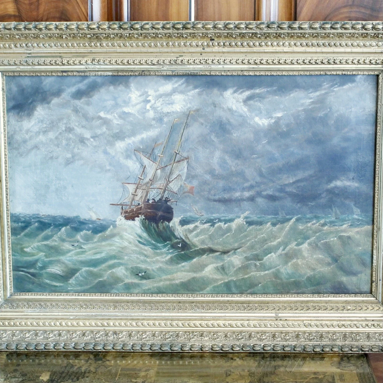 “Tossed at Sea,” 19th Century Oil on Canvas in a Period Gilt Frame, seascape