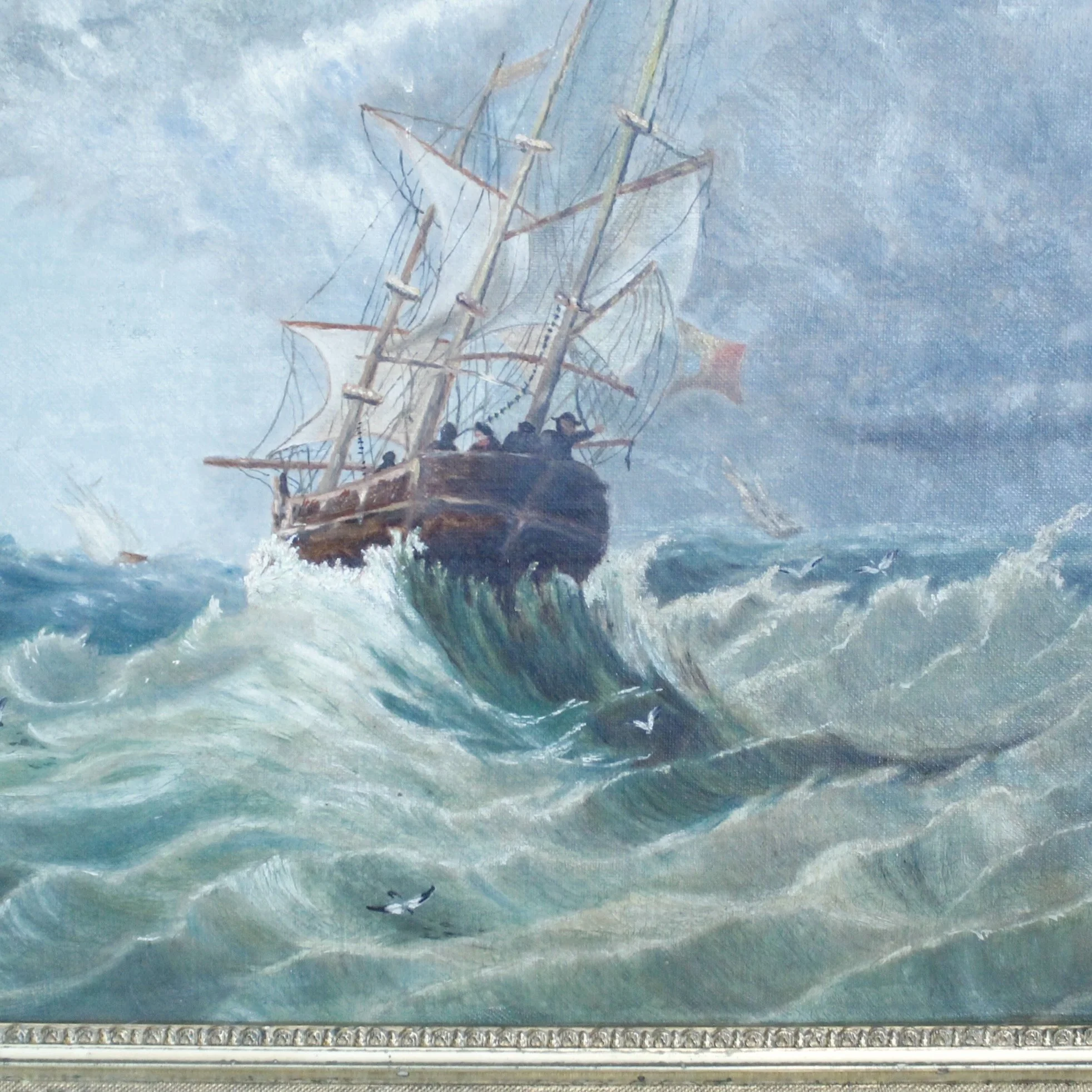 “Tossed at Sea,” 19th Century Oil on Canvas in a Period Gilt Frame