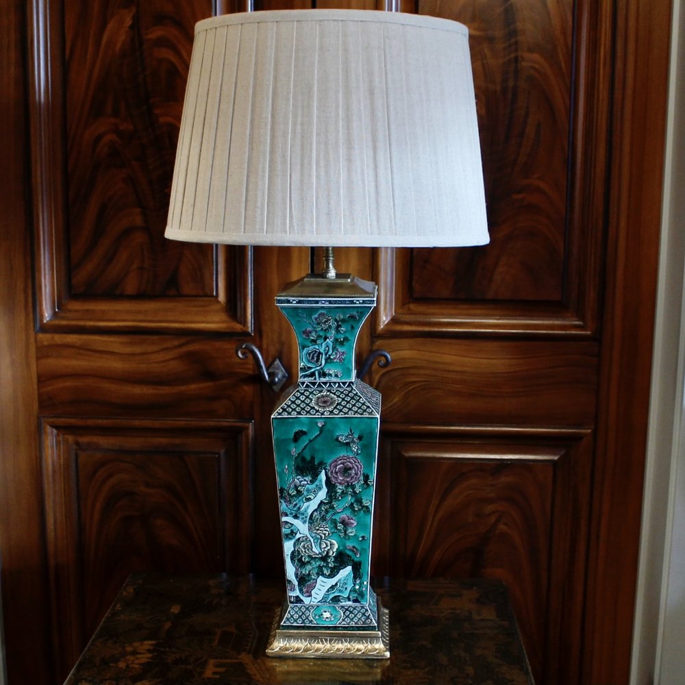 MIRABELLE ANTIQUES  Antiques Charlottesville, VA— Large Antique Chinese  Famille Verte (Green) Square Baluster Vase Lamp