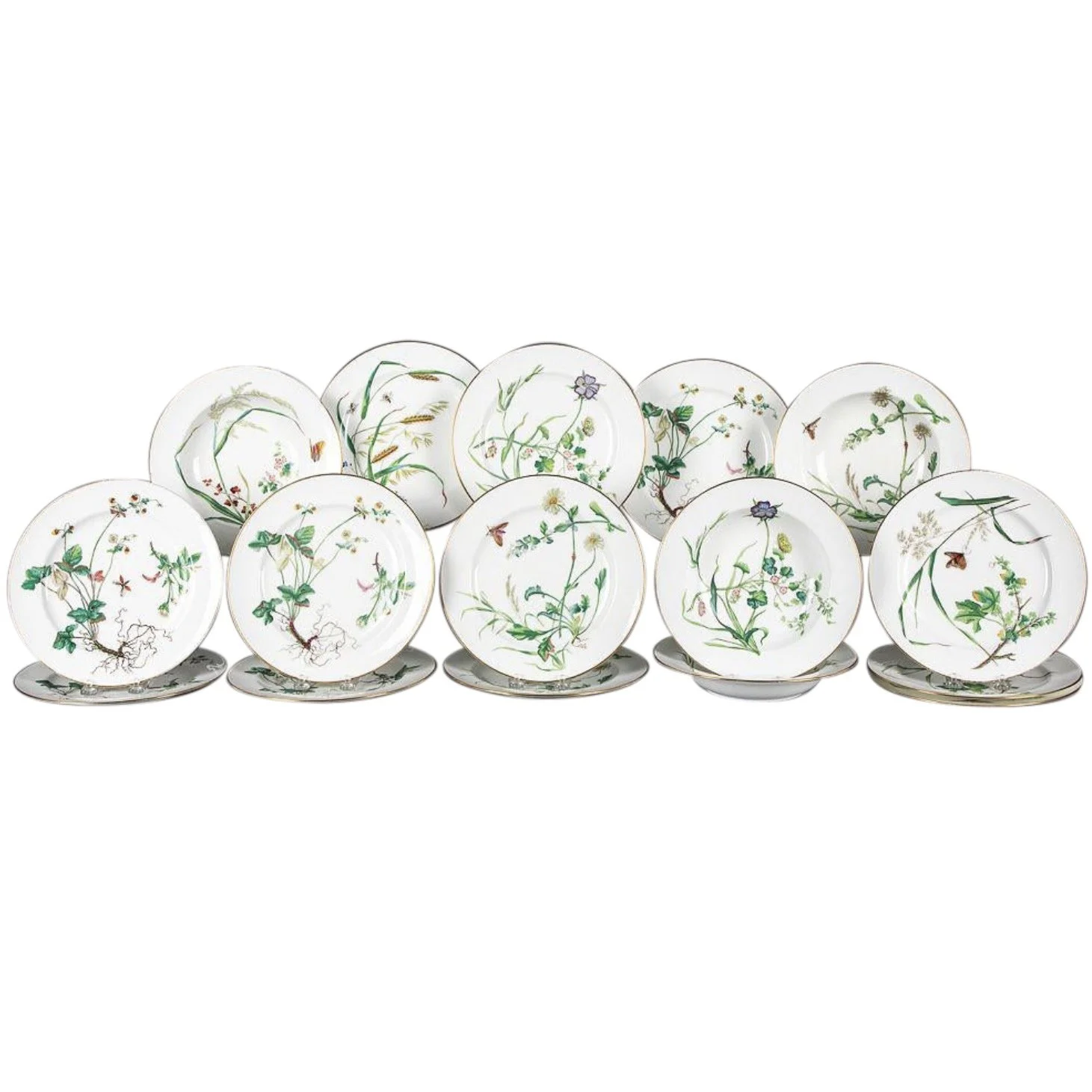 Set of 16 Minton Fine Porcelain Dinner Service with Botanical Decoration, 19th Century