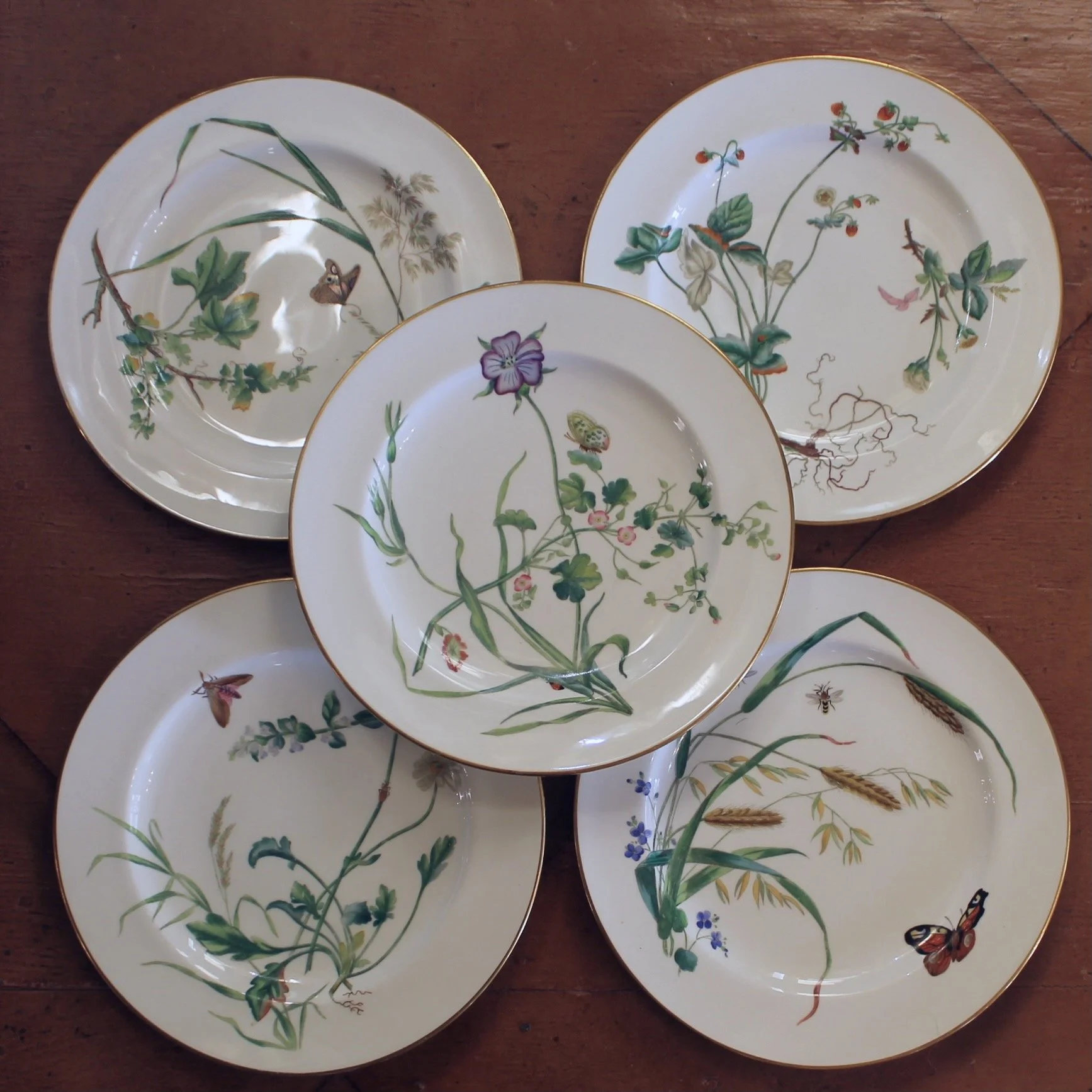 Set of 16 Minton Fine Porcelain Dishes with Botanical Decoration, 19th Century