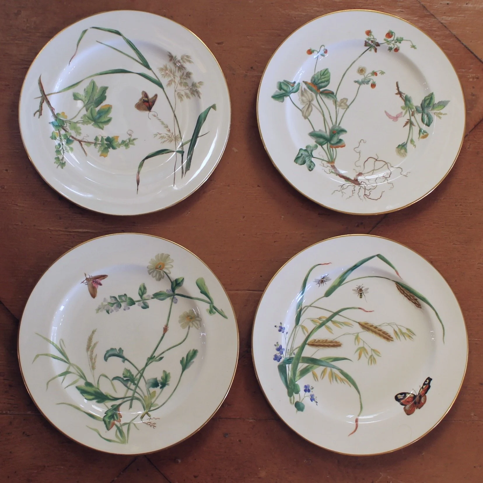 Set of 16 Minton Fine Porcelain Dishes with Botanical Decoration, 19th Century