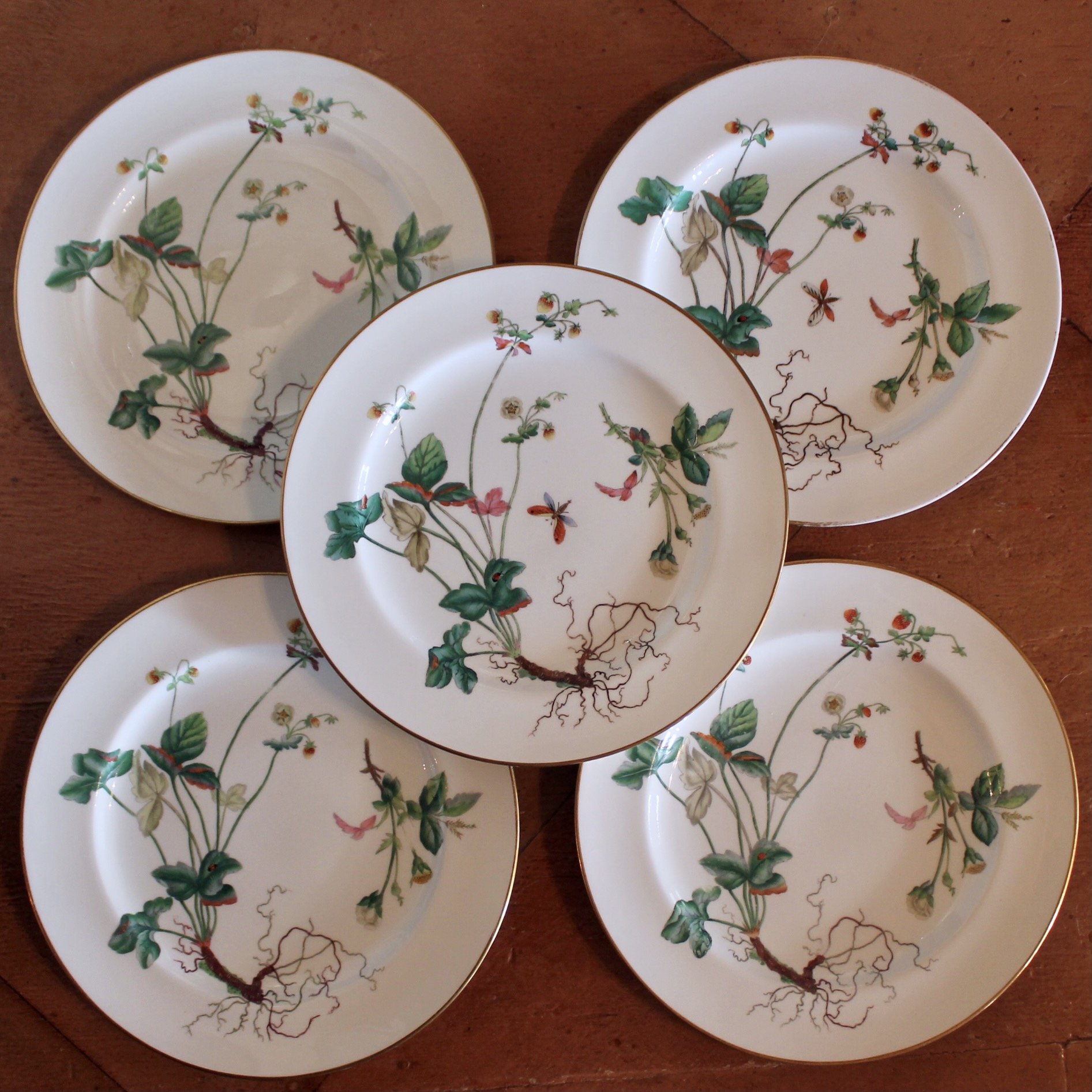 Set of 16 Minton Fine Porcelain Dishes with Botanical Decoration, 19th Century