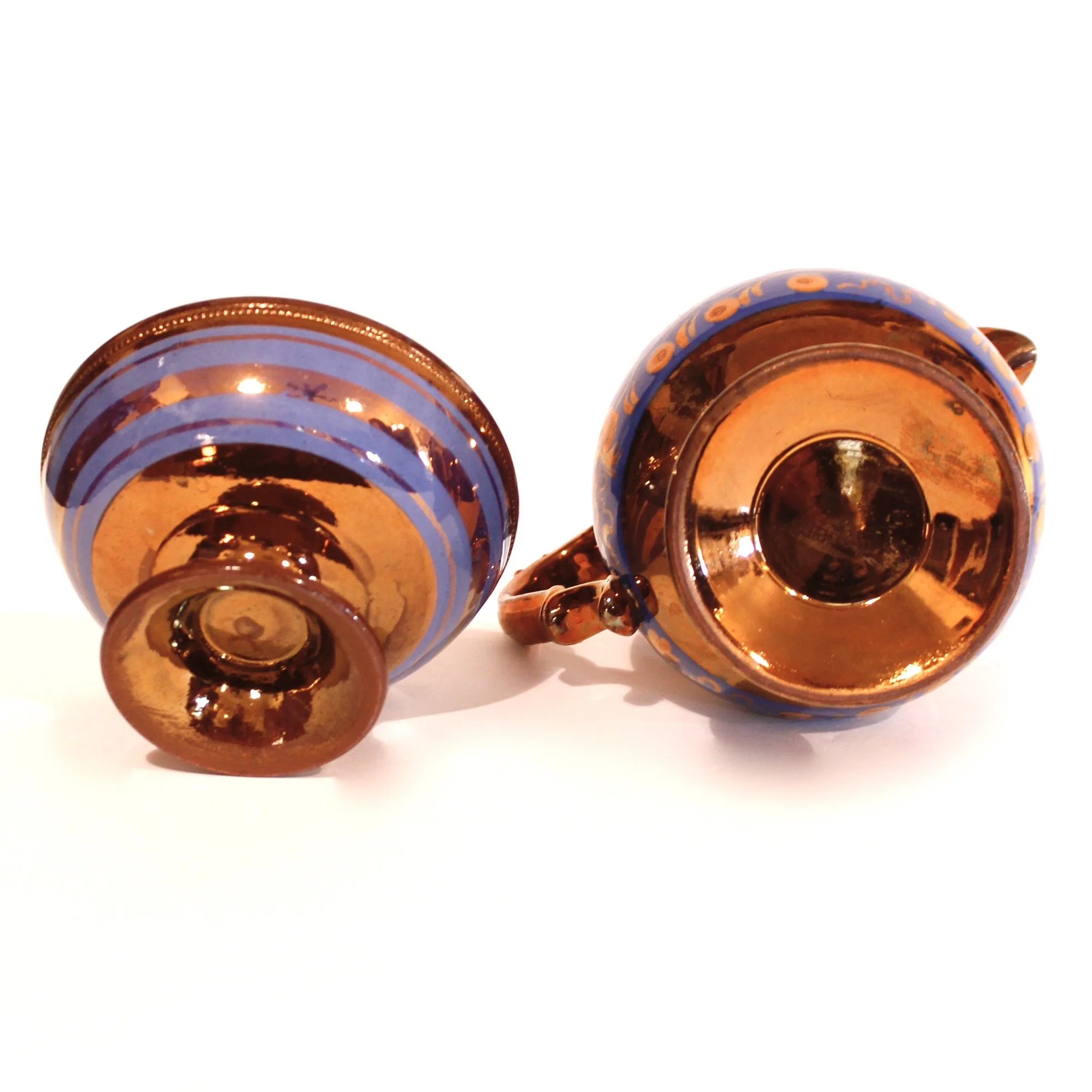 English Copper Lustre Ware Jug With Berry Frieze on Blue and Similar Tazza Sugar Bowl