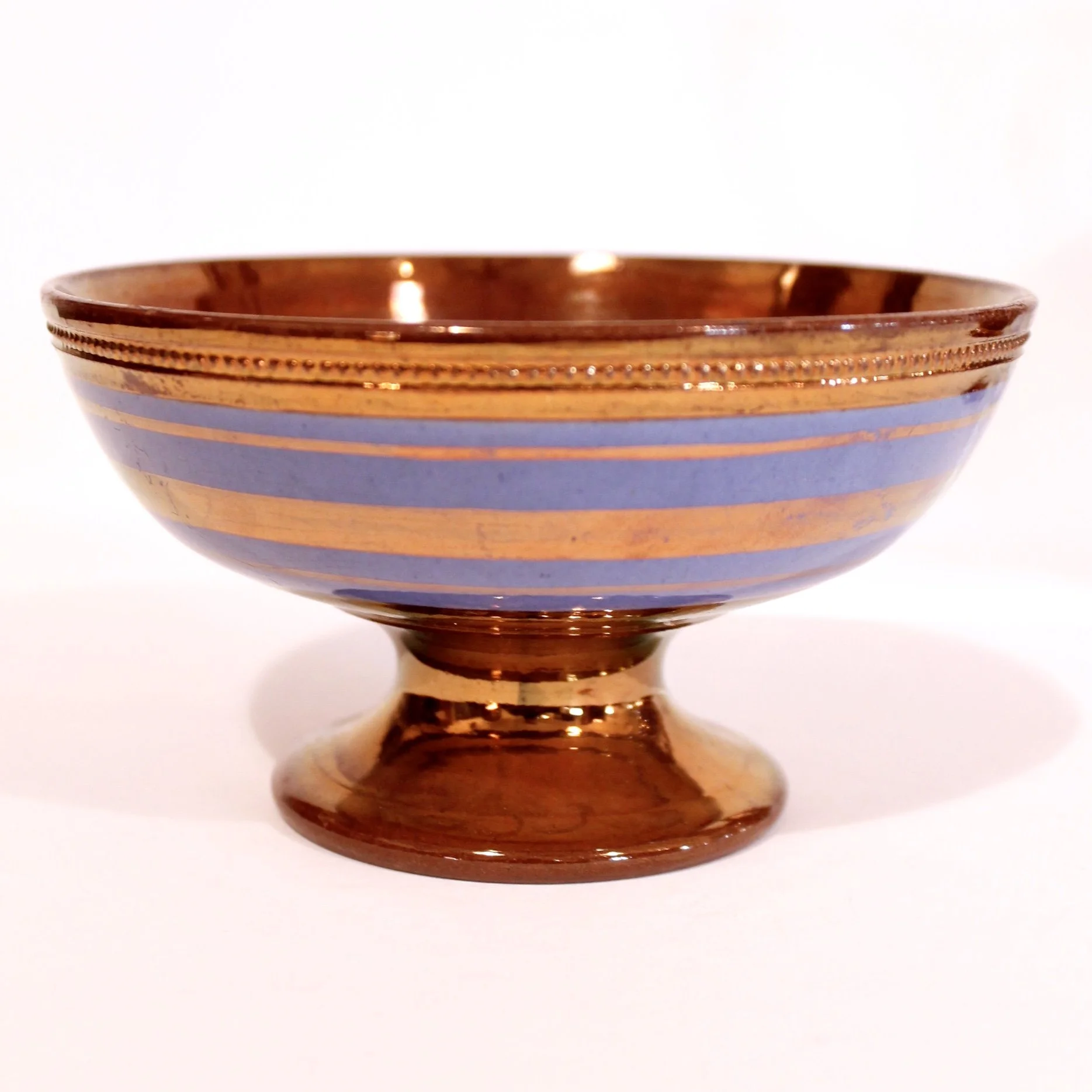 English Copper Lustre Ware Jug With Berry Frieze on Blue and Similar Tazza Sugar Bowl