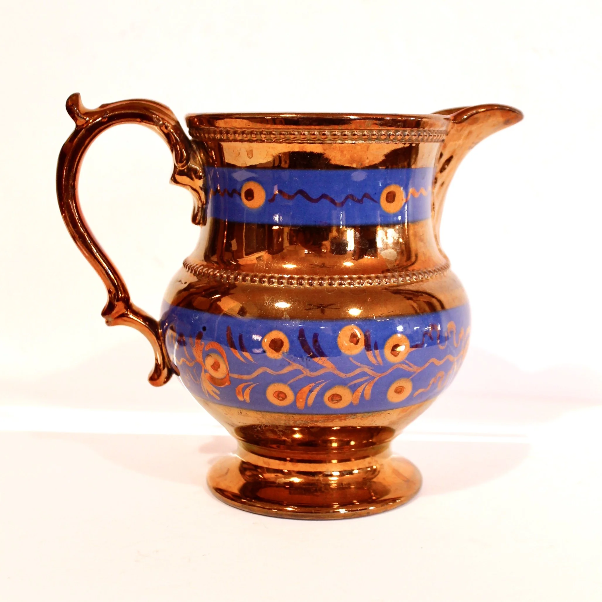 English Copper Lustre Ware Jug With Berry Frieze on Blue and Similar Tazza Sugar Bowl