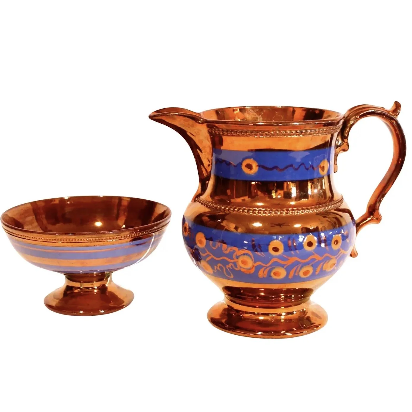English Copper Lustre Ware Jug With Berry Frieze on Blue and Similar Tazza Sugar Bowl