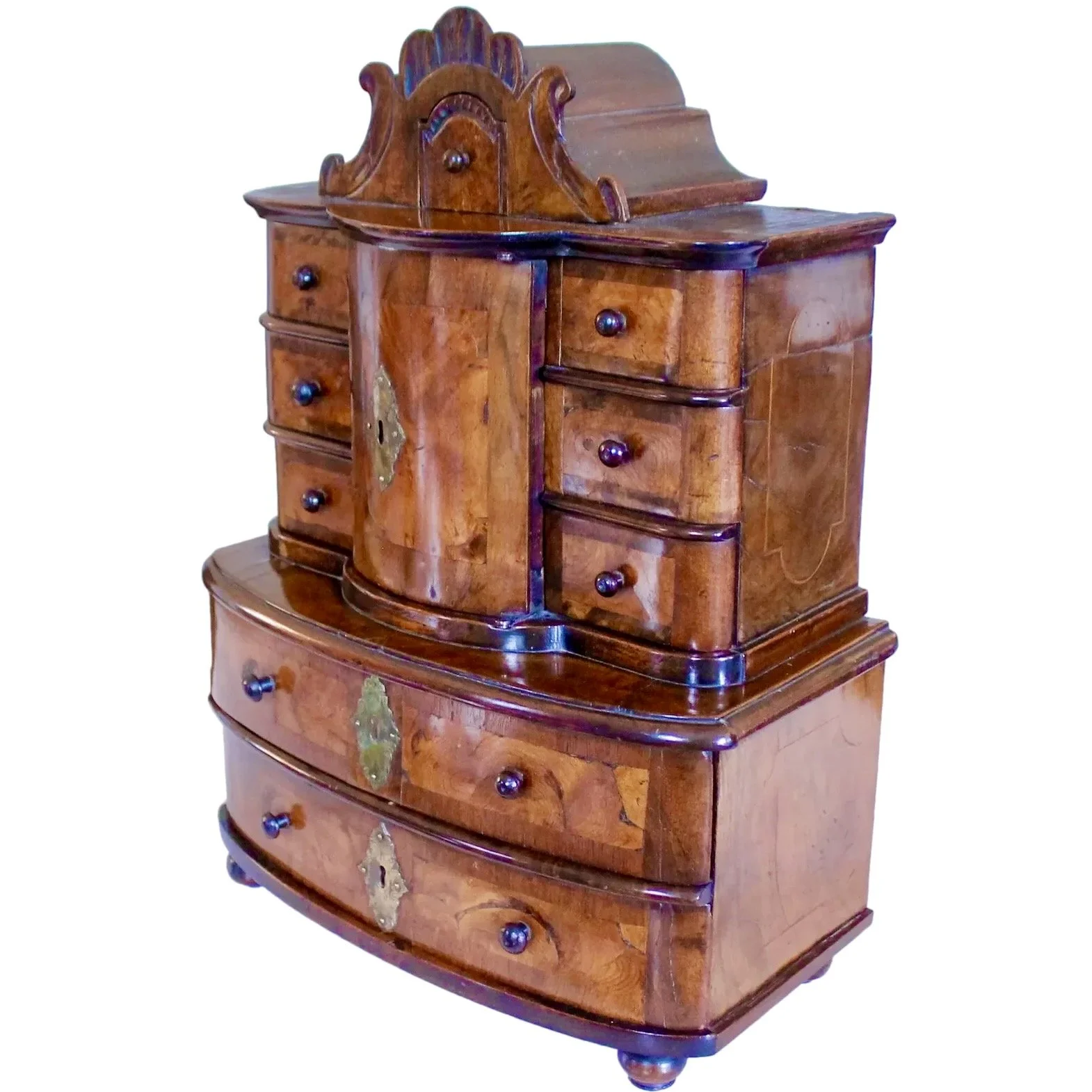 Antique Miniature German Baroque Marquetry Chest on Chest
