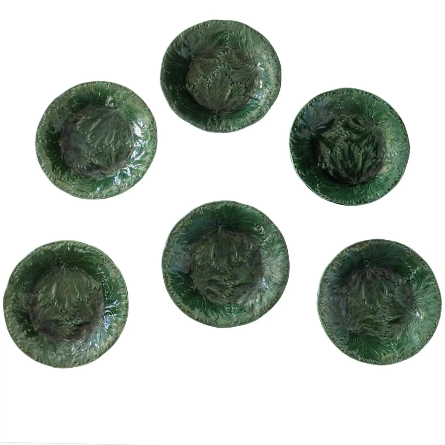 Set of Six English Green Majolica Plates, Leaves