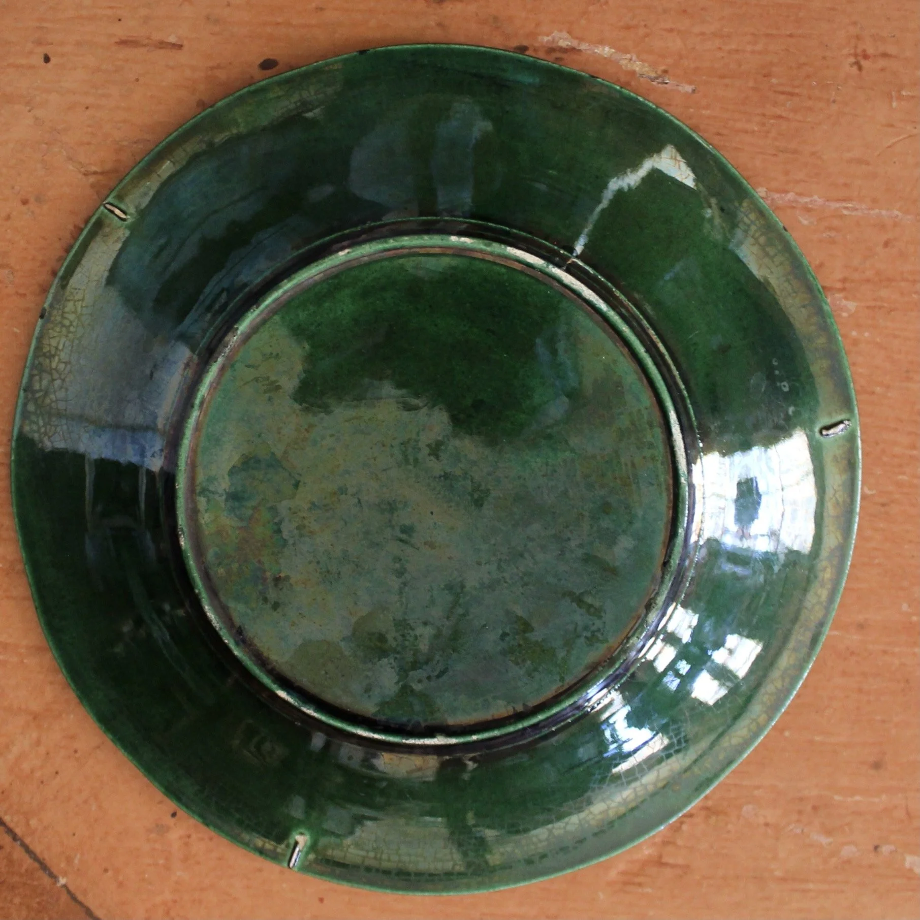 Set of Six English Green Majolica Plates, Leaves