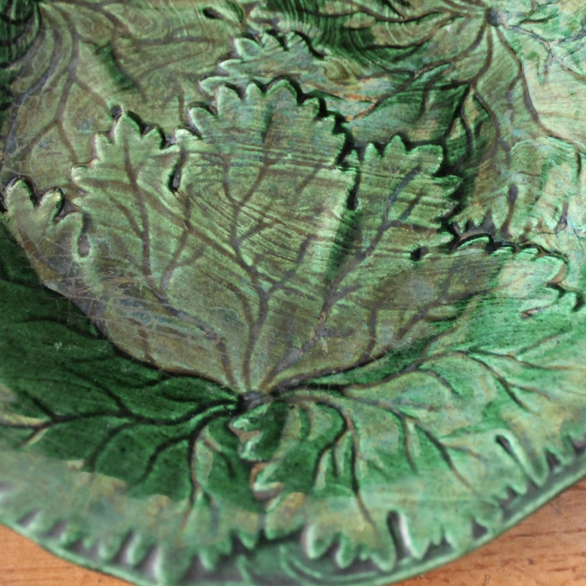 Set of Six English Green Majolica Plates, Leaves