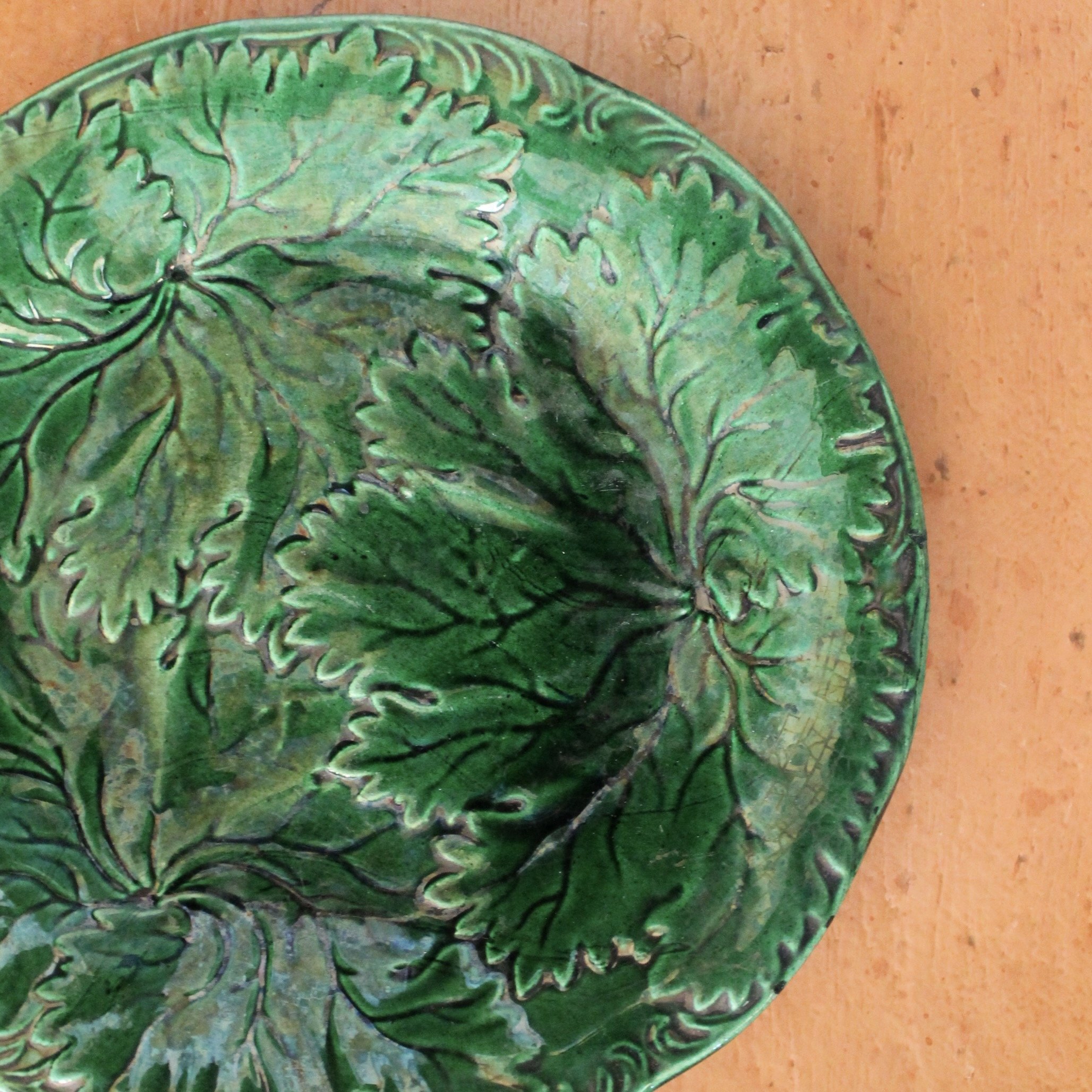Set of Six English Green Majolica Plates, Leaves