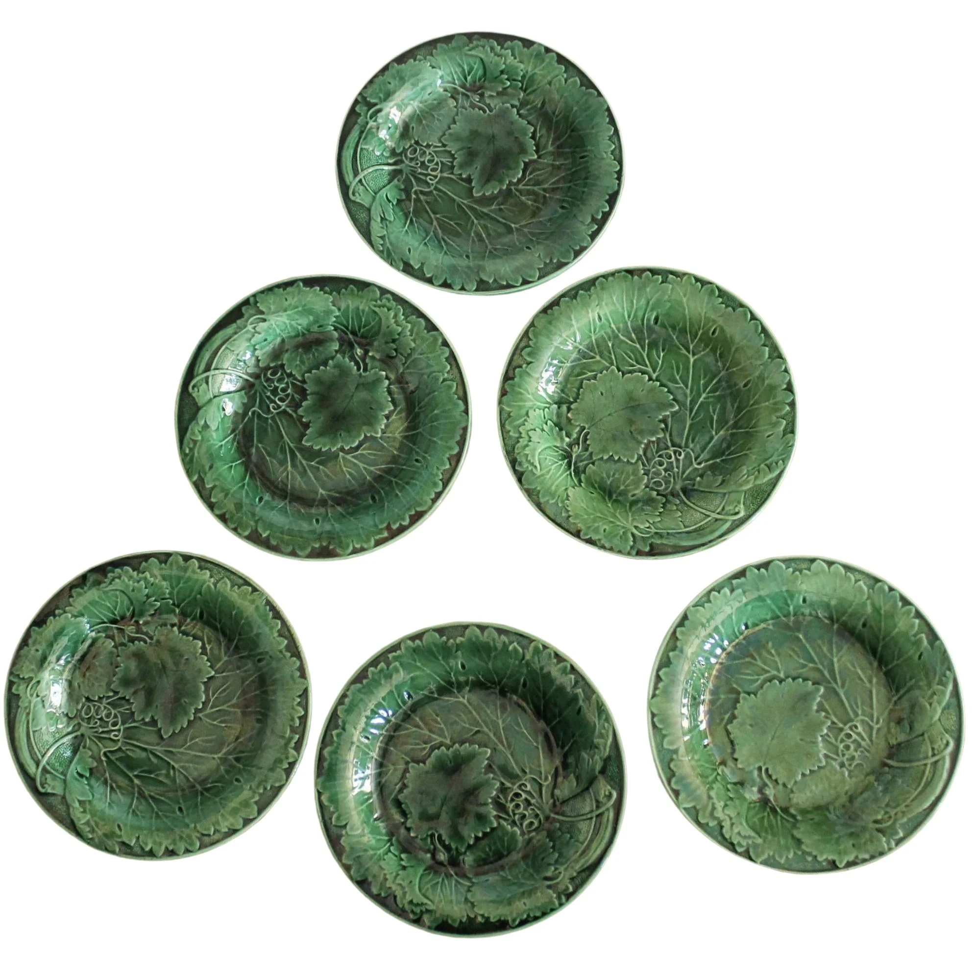 Set of Six English Green Majolica Plates, Large Leaf