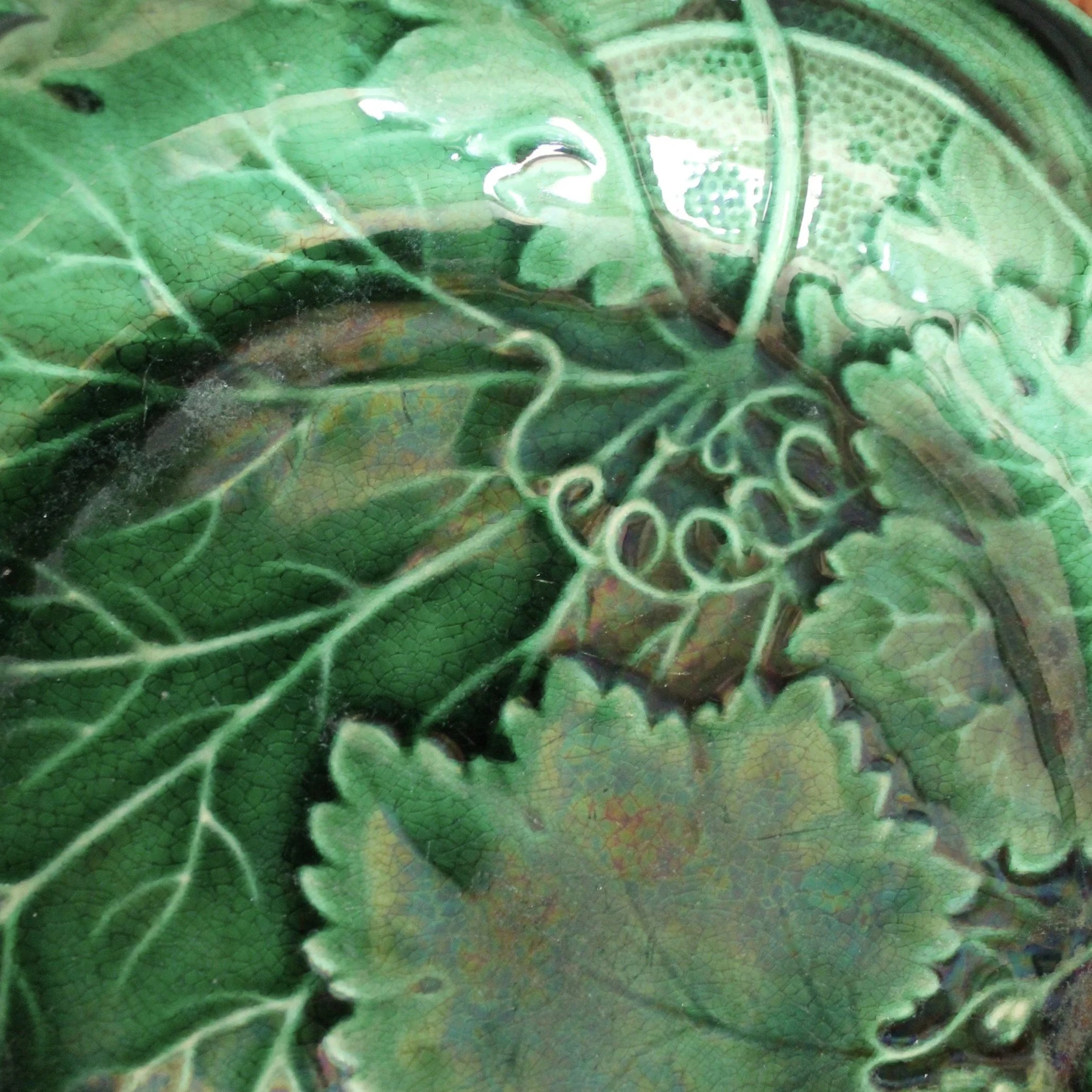 Set of Six English Green Majolica Plates, Large Leaf