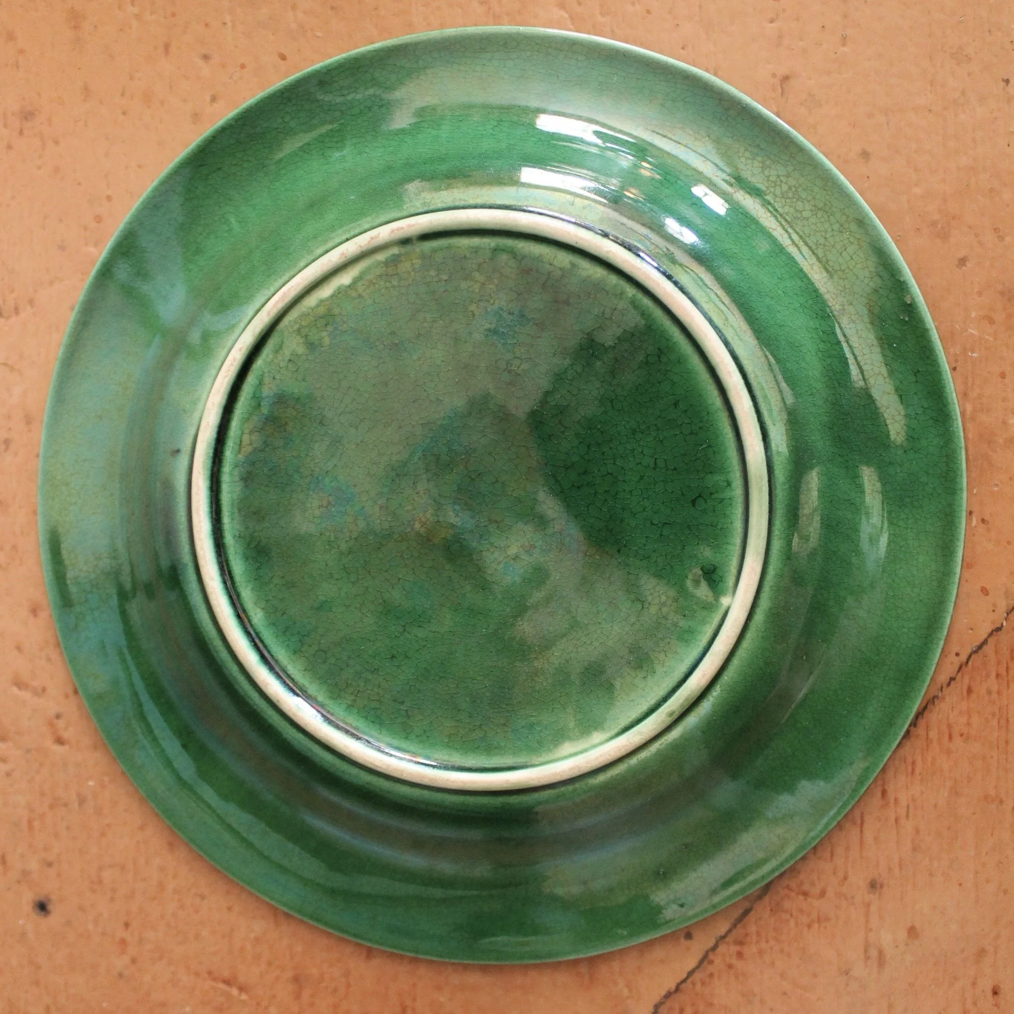 Set of Six English Green Majolica Plates, Large Leaf