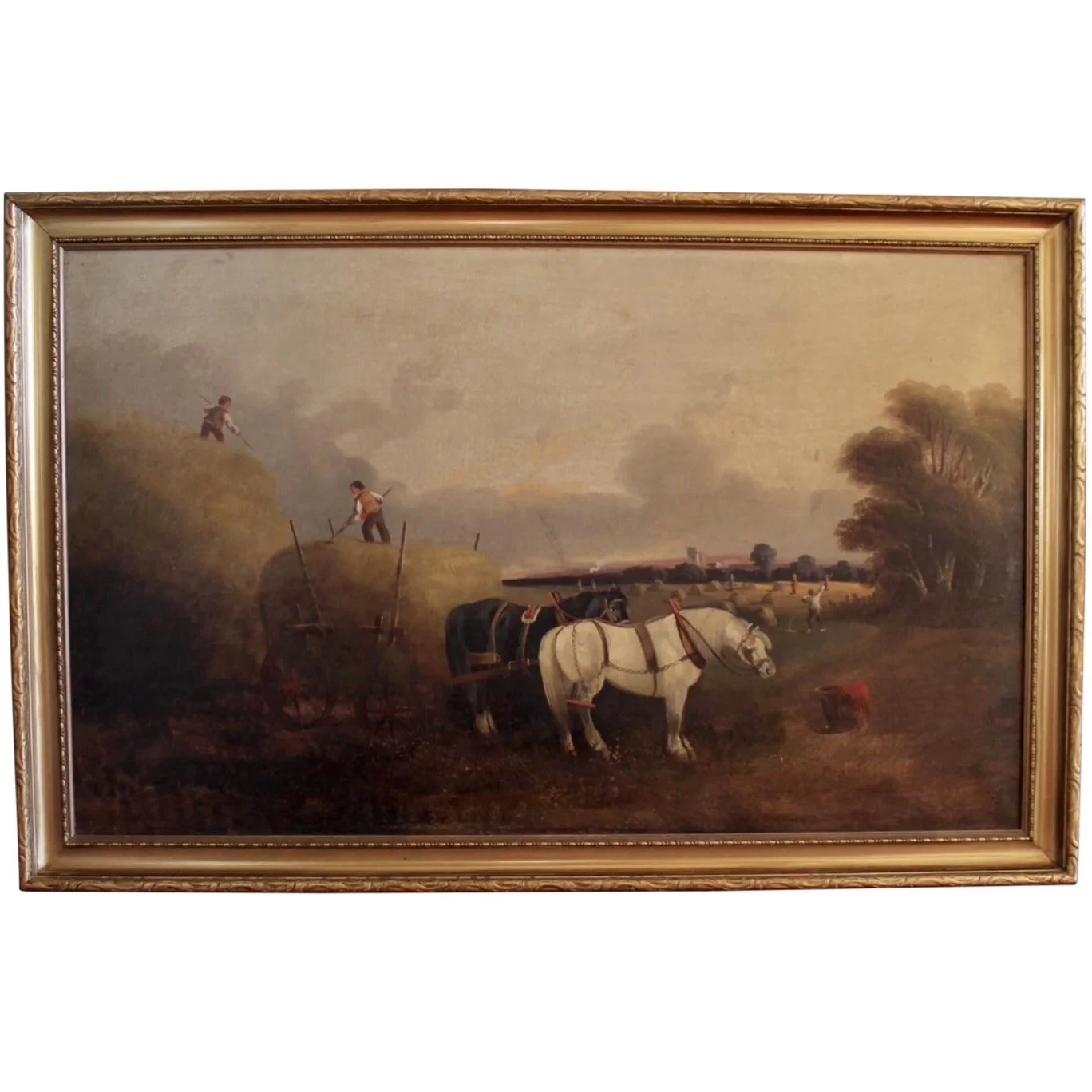 “Gathering Hay” English Country Oil on Canvas Painting, Late 19th Century