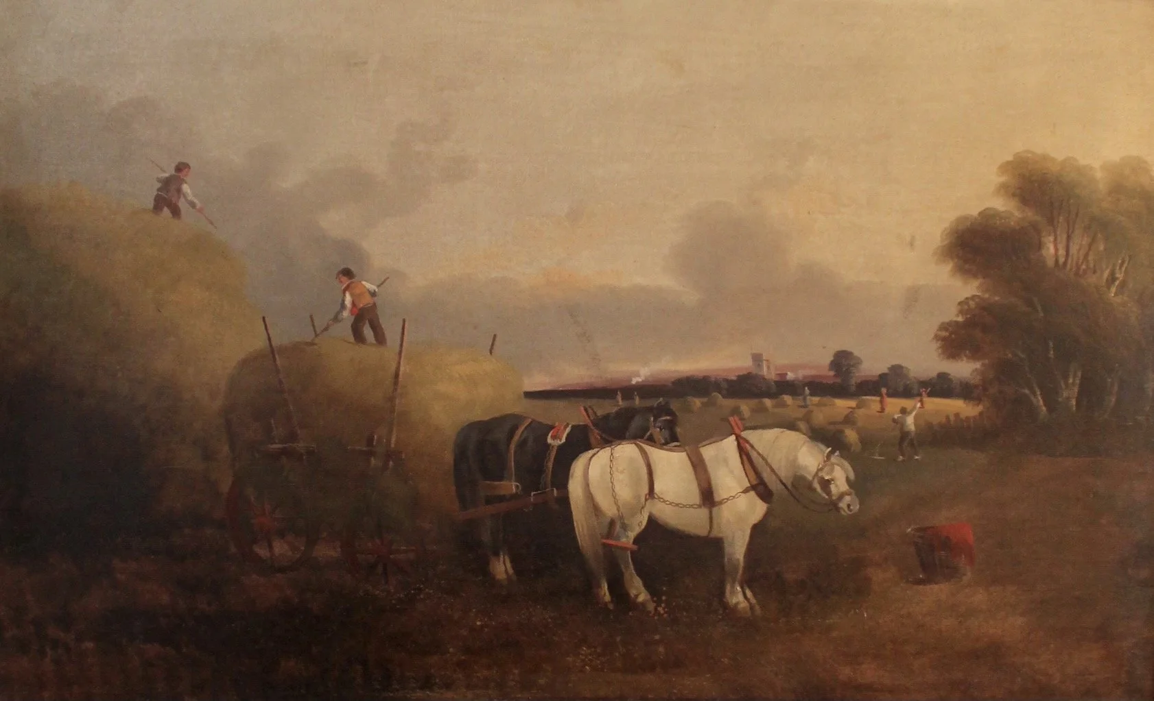 “Gathering Hay” English Country Oil on Canvas Painting, Late 19th Century