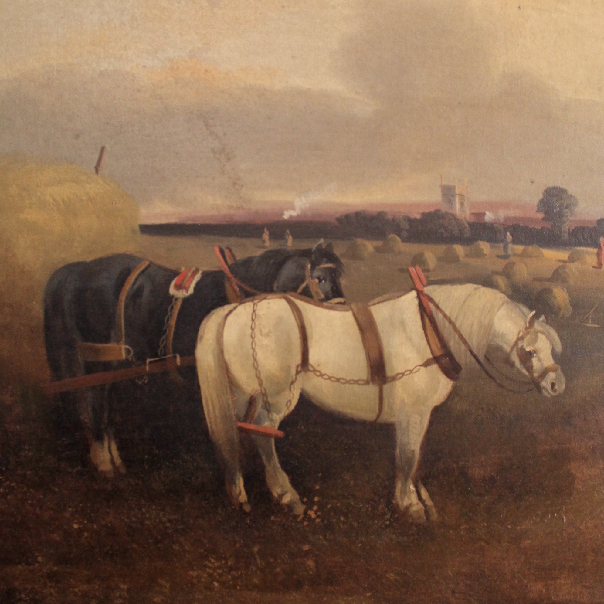 “Gathering Hay” English Country Oil on Canvas Painting, Late 19th Century