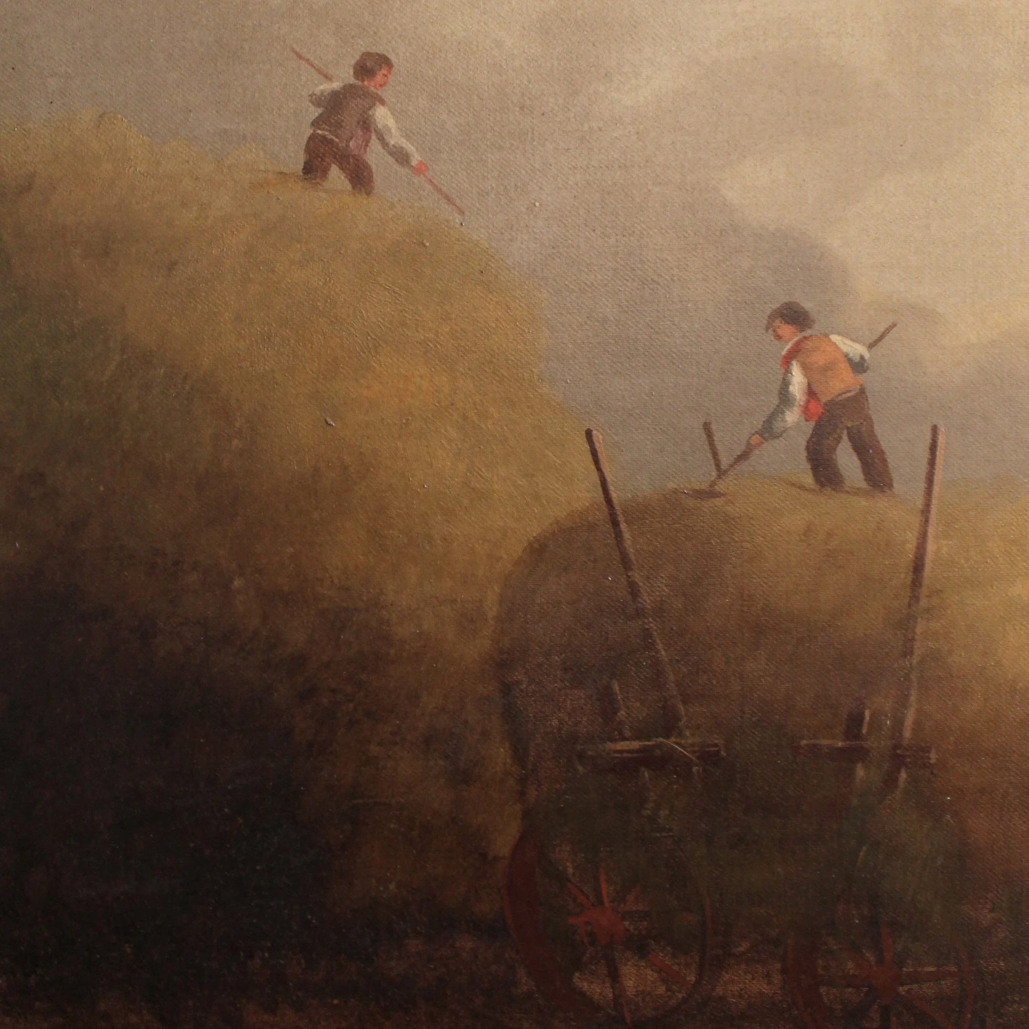 “Gathering Hay” English Country Oil on Canvas Painting, Late 19th Century