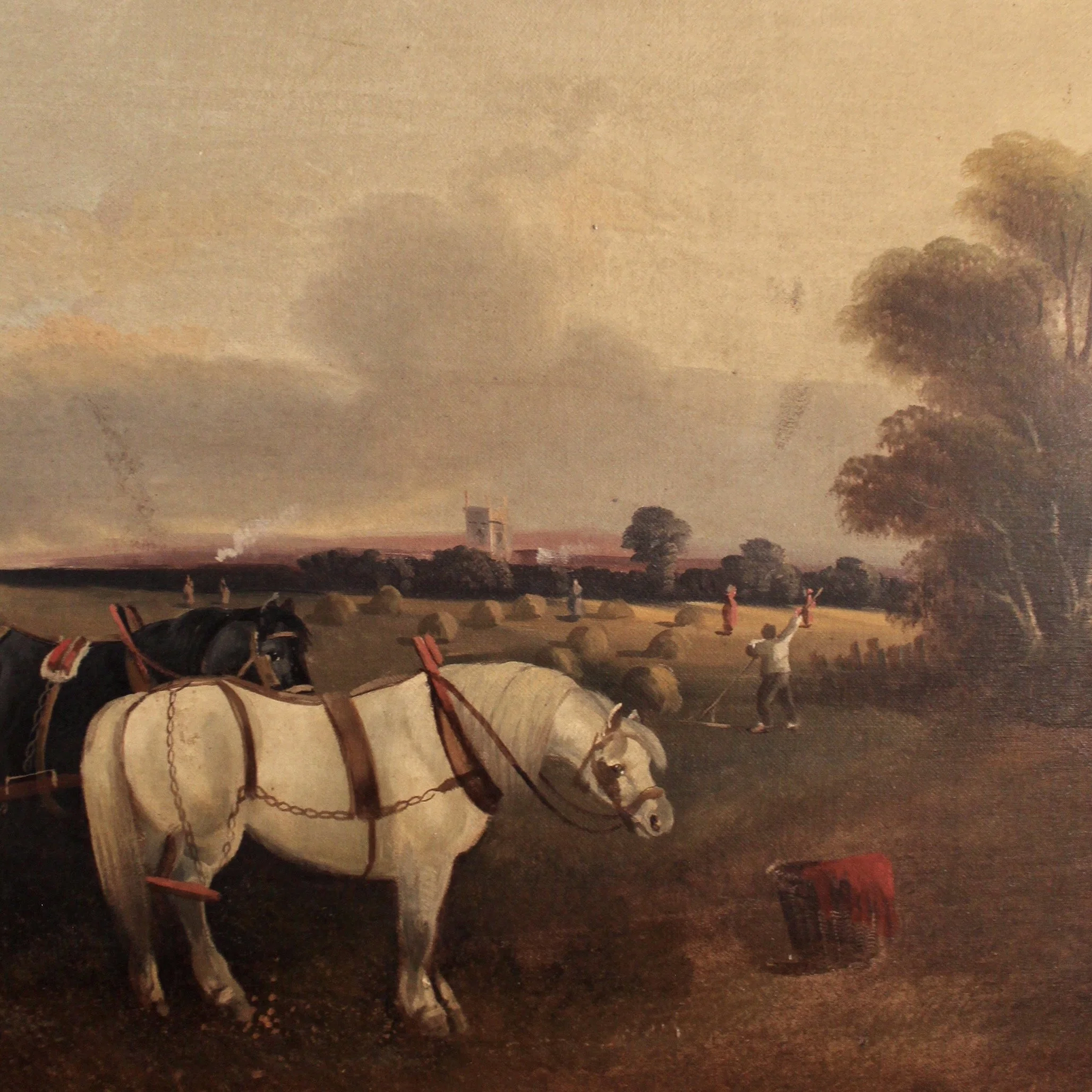 “Gathering Hay” English Country Oil on Canvas Painting, Late 19th Century