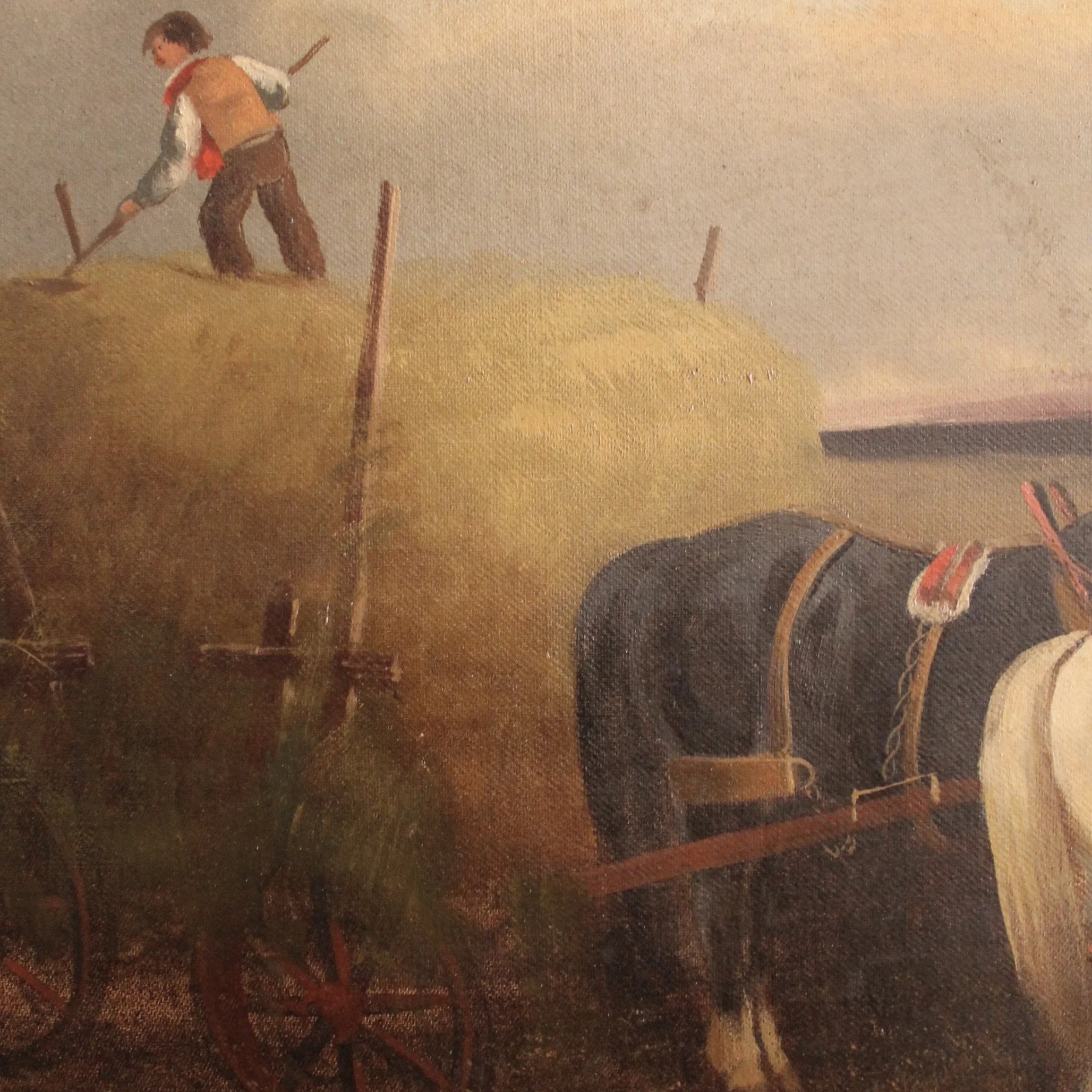 “Gathering Hay” English Country Oil on Canvas Painting, Late 19th Century