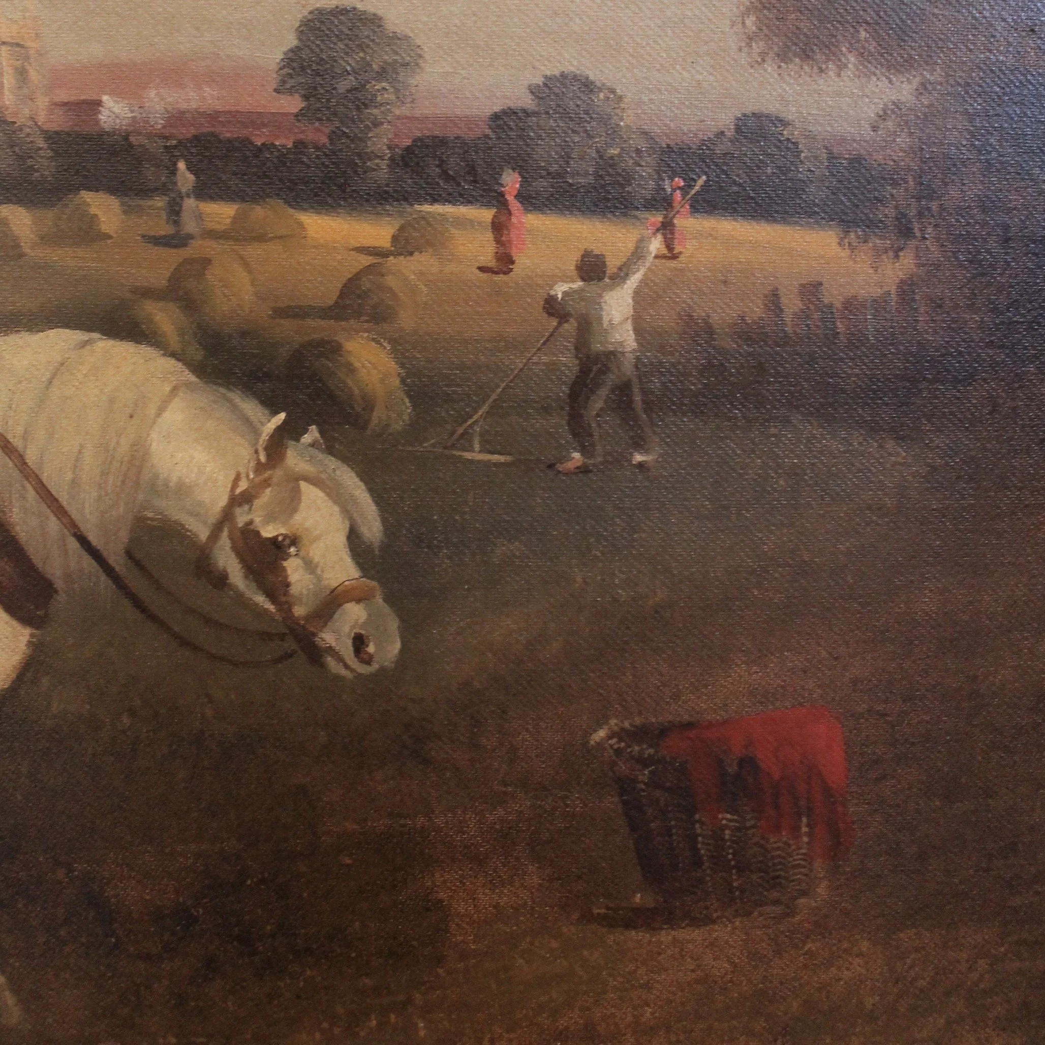 “Gathering Hay” English Country Oil on Canvas Painting, Late 19th Century
