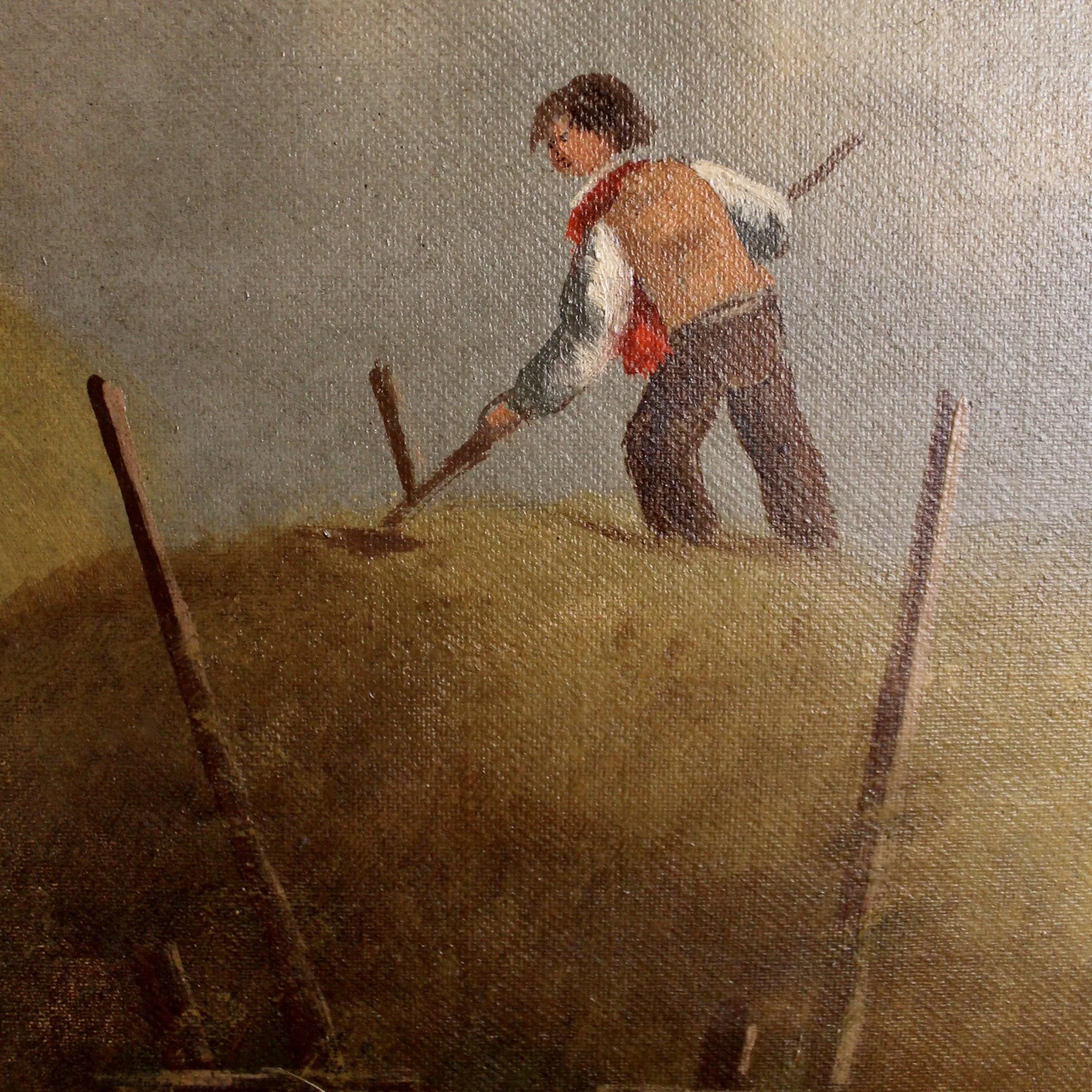 “Gathering Hay” English Country Oil on Canvas Painting, Late 19th Century