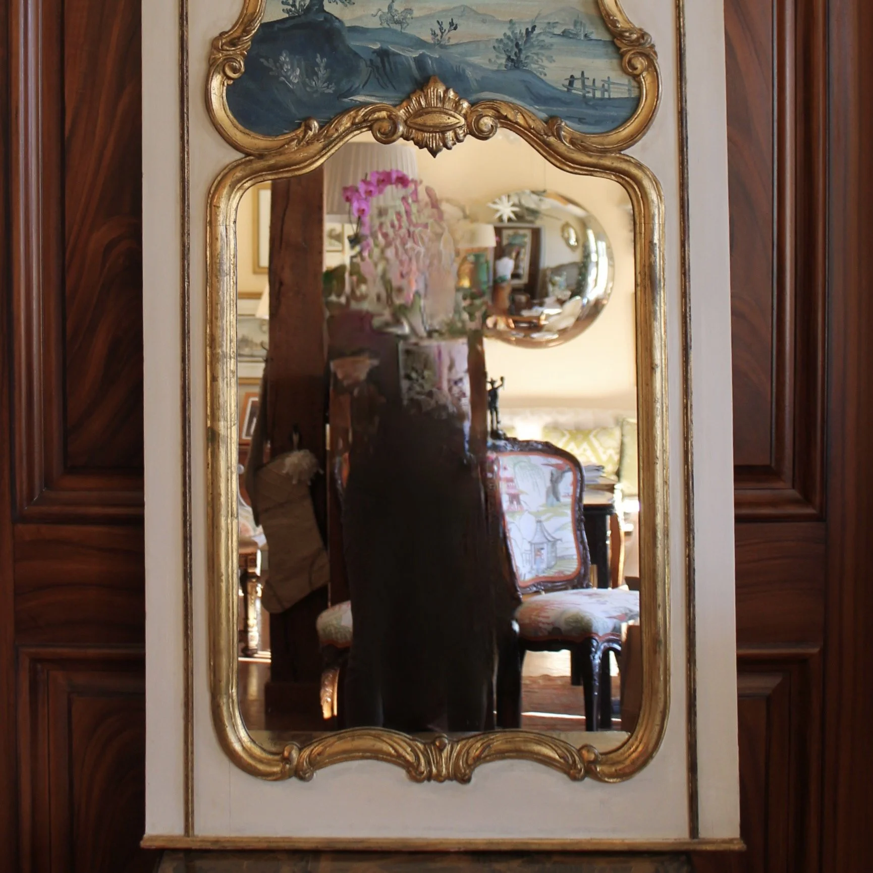 Italian Cream and Gilt Wood Trumeau Mirror with Cyan Landscape Painting