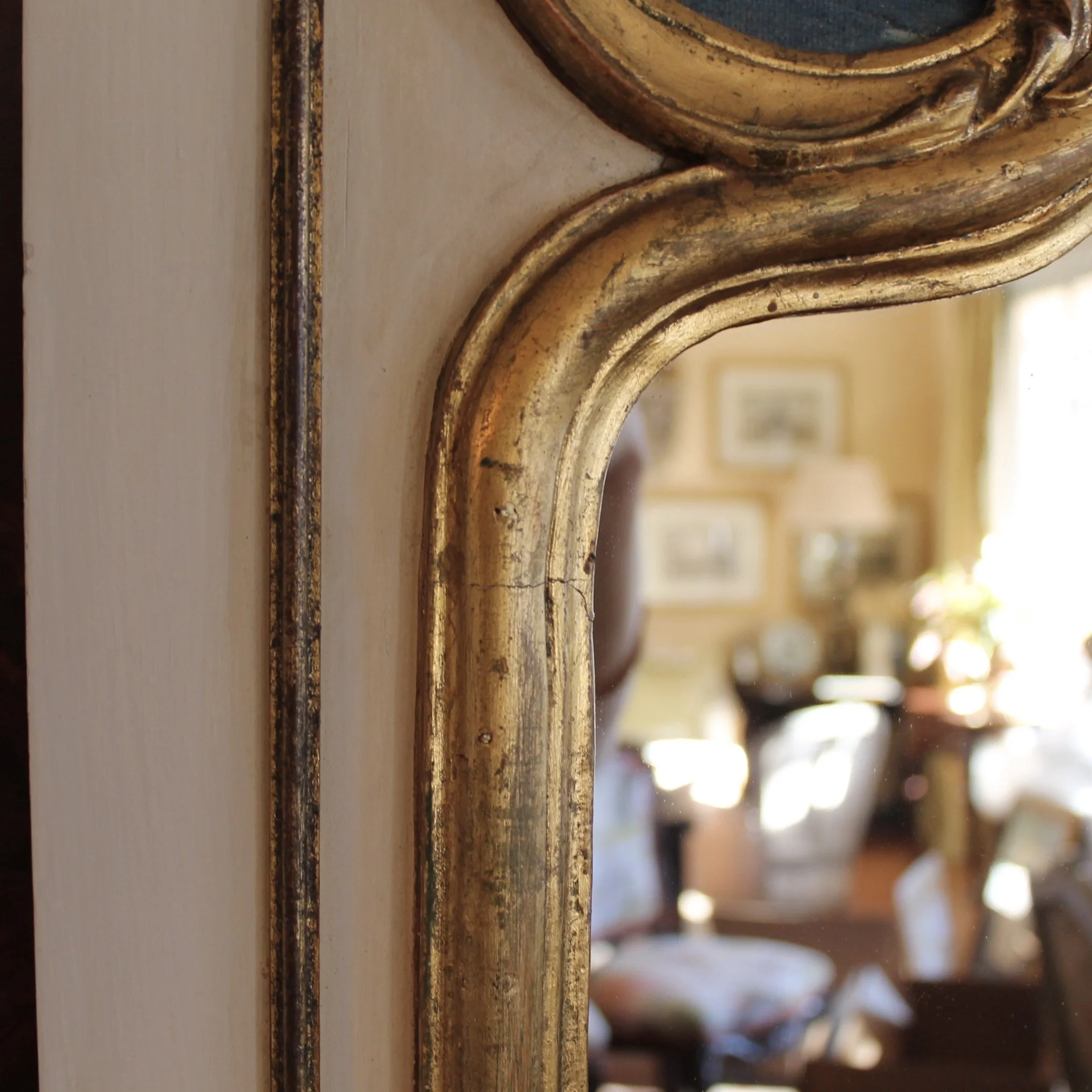 Italian Cream and Gilt Wood Trumeau Mirror with Cyan Landscape Painting