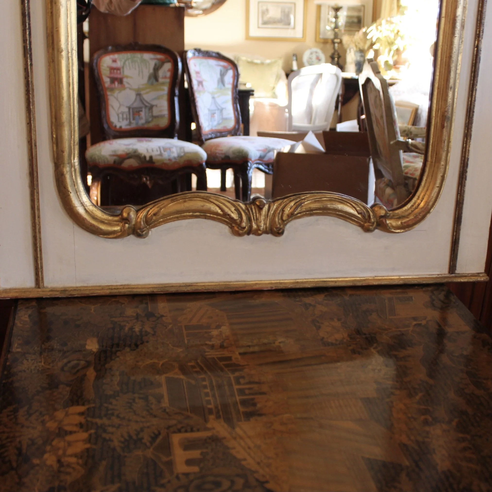 Italian Cream and Gilt Wood Trumeau Mirror with Cyan Landscape Painting