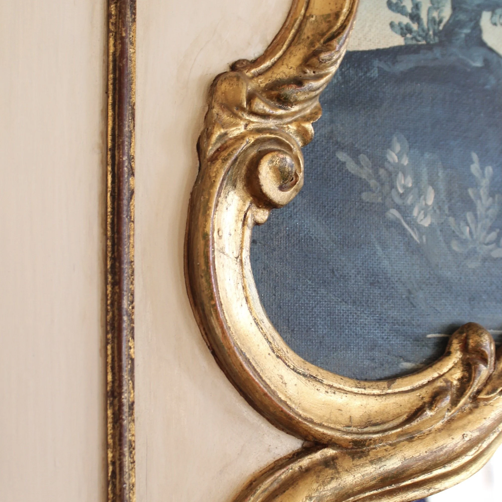 Italian Cream and Gilt Wood Trumeau Mirror with Cyan Landscape Painting