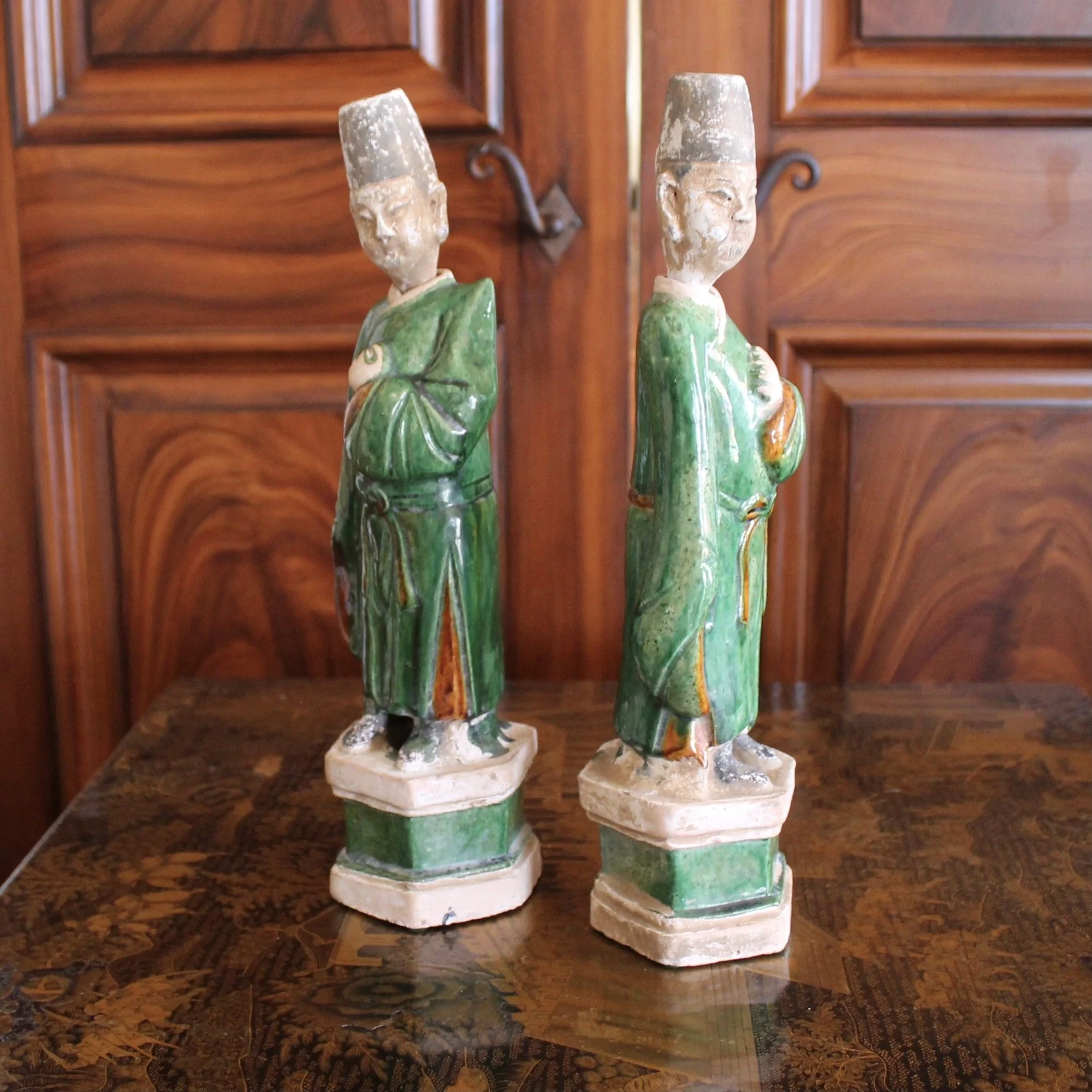 Pair of Ming Chinese Attendant Figures, Glazed Terracotta Earthenware