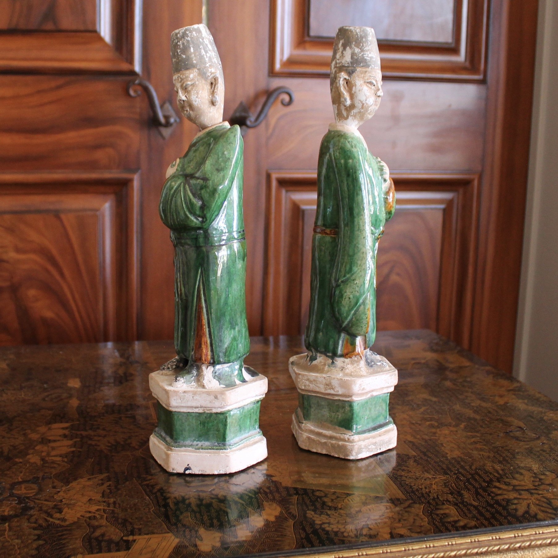 Pair of Ming Chinese Attendant Figures, Glazed Terracotta Earthenware