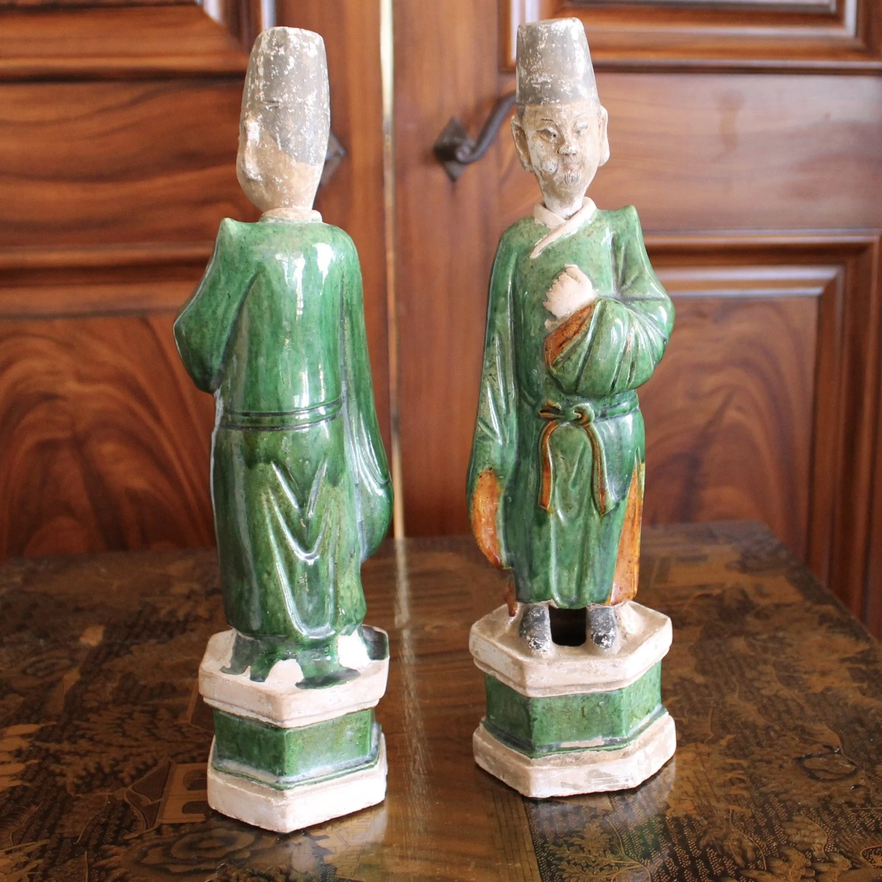 Pair of Ming Chinese Attendant Figures, Glazed Terracotta Earthenware