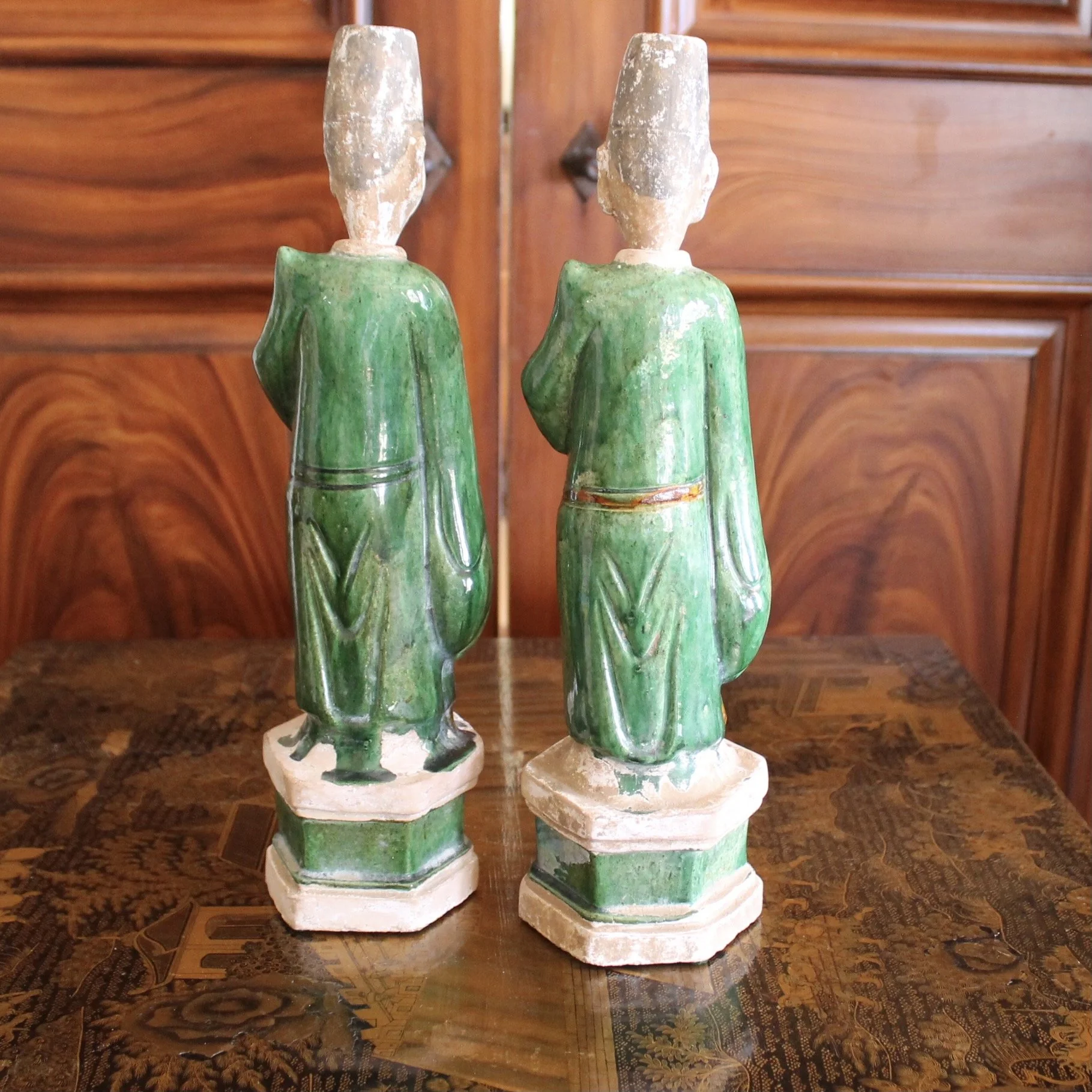 Pair of Ming Chinese Attendant Figures, Glazed Terracotta Earthenware