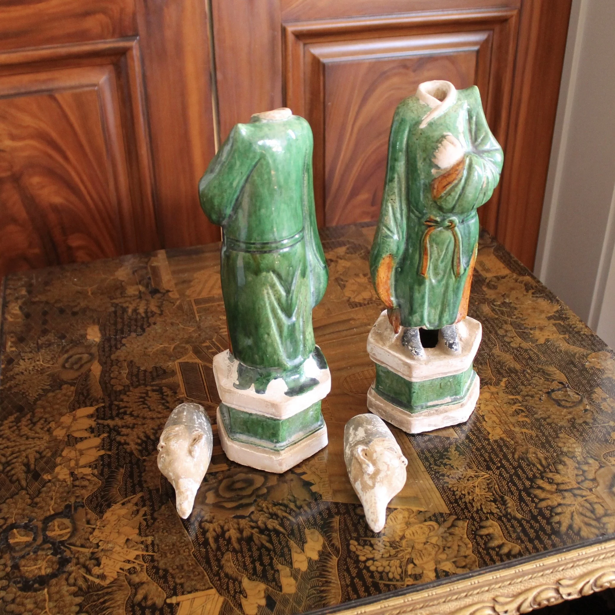 Pair of Ming Chinese Attendant Figures, Glazed Terracotta Earthenware