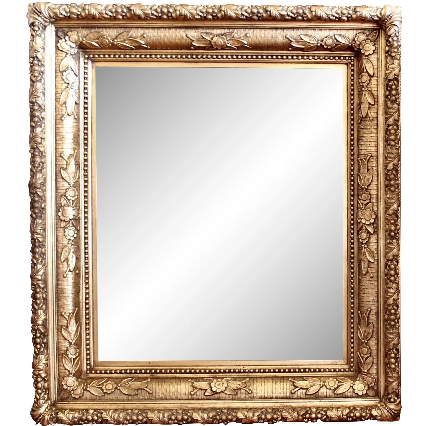 Large English Gilded Wall Mirror with Flowers and Basketweave Composition