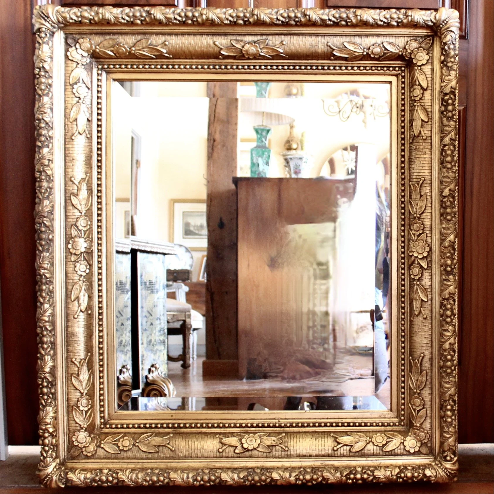 Large English Gilded Wall Mirror with Flowers and Basketweave Composition