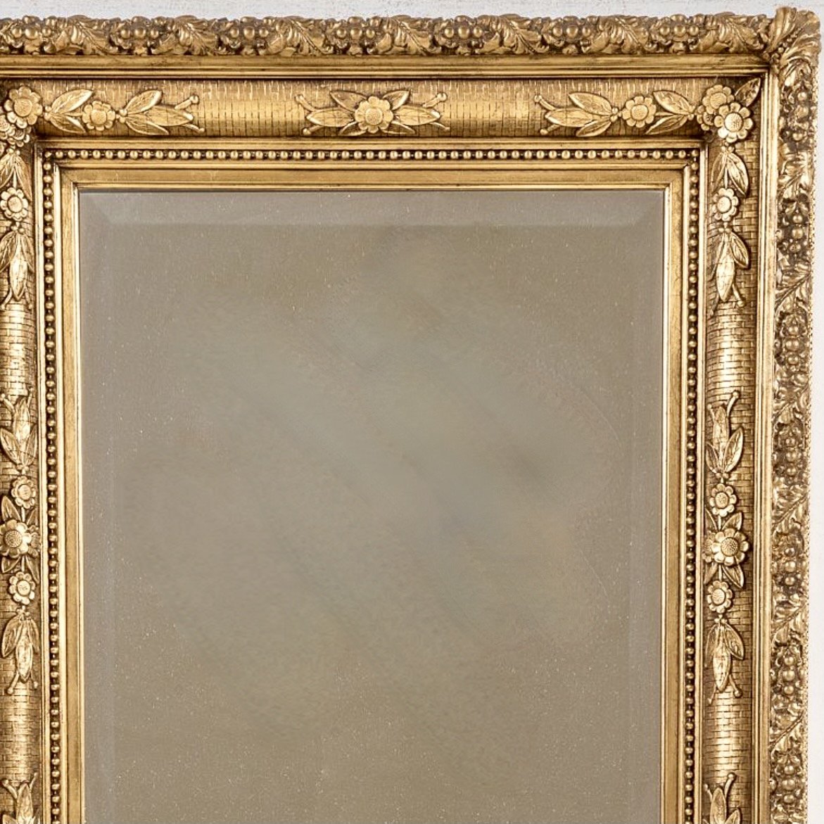 Large English Gilded Wall Mirror with Flowers and Basketweave Composition